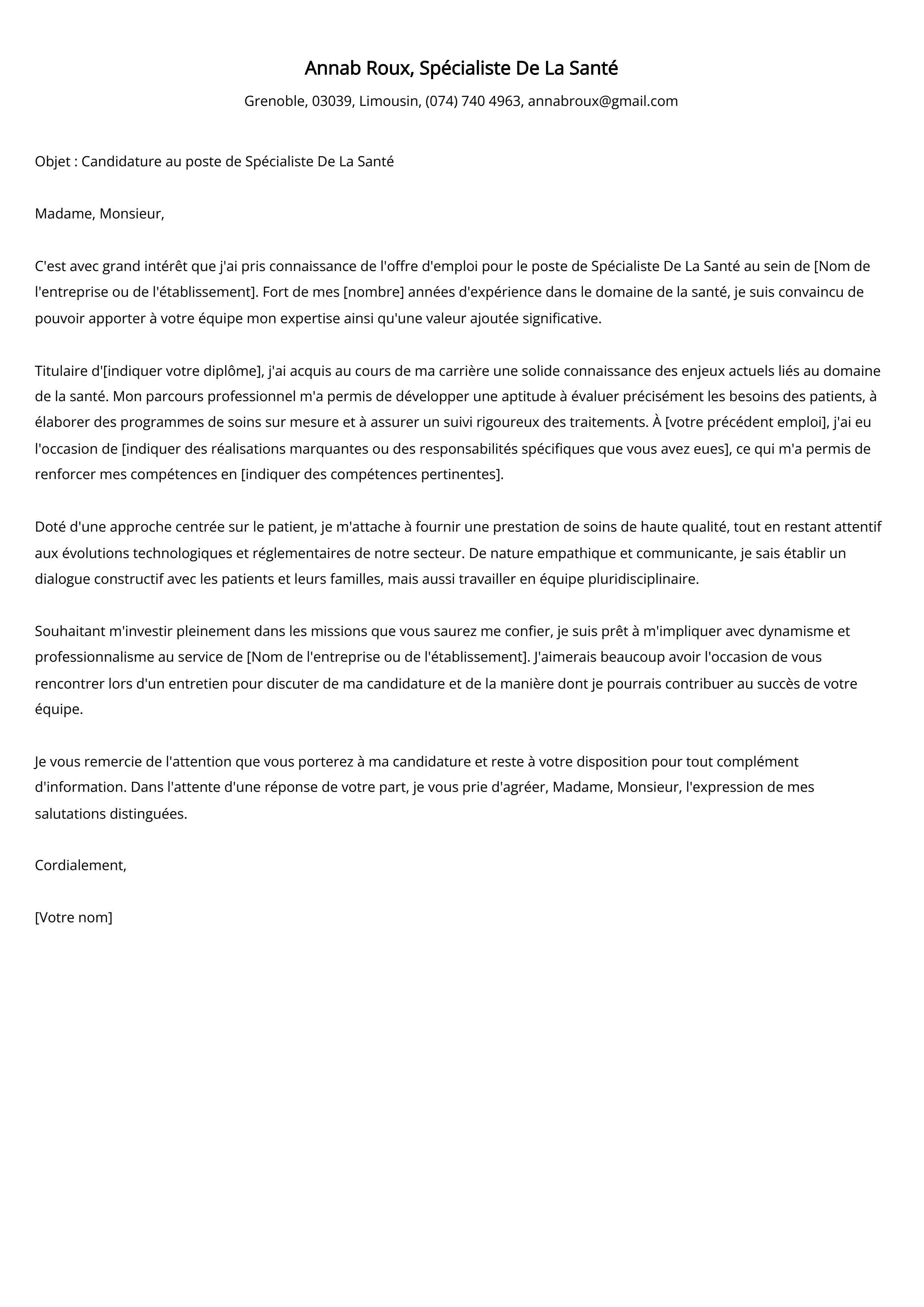 Spécialiste De La Santé Cover Letter Example