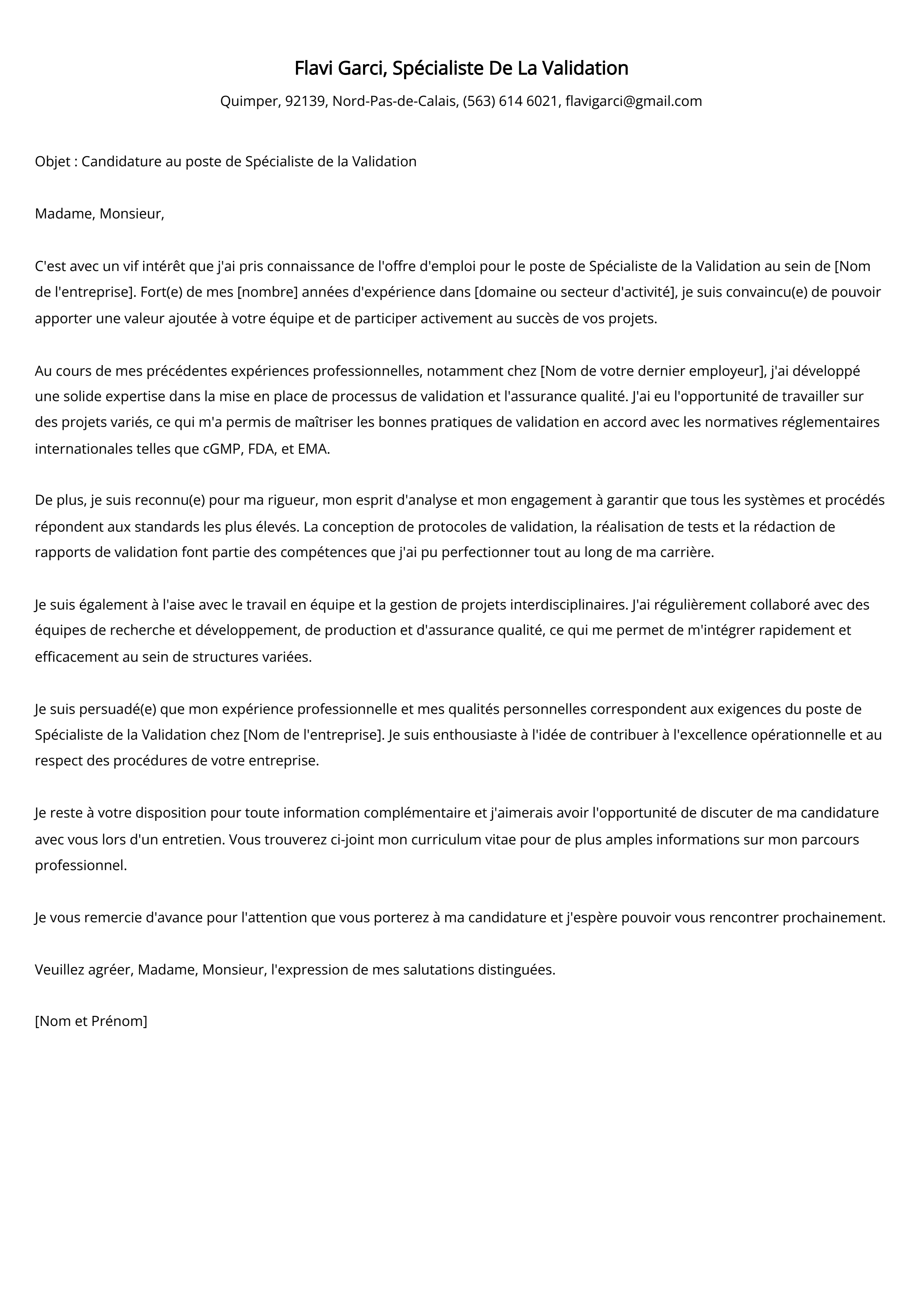 Spécialiste De La Validation Cover Letter Example