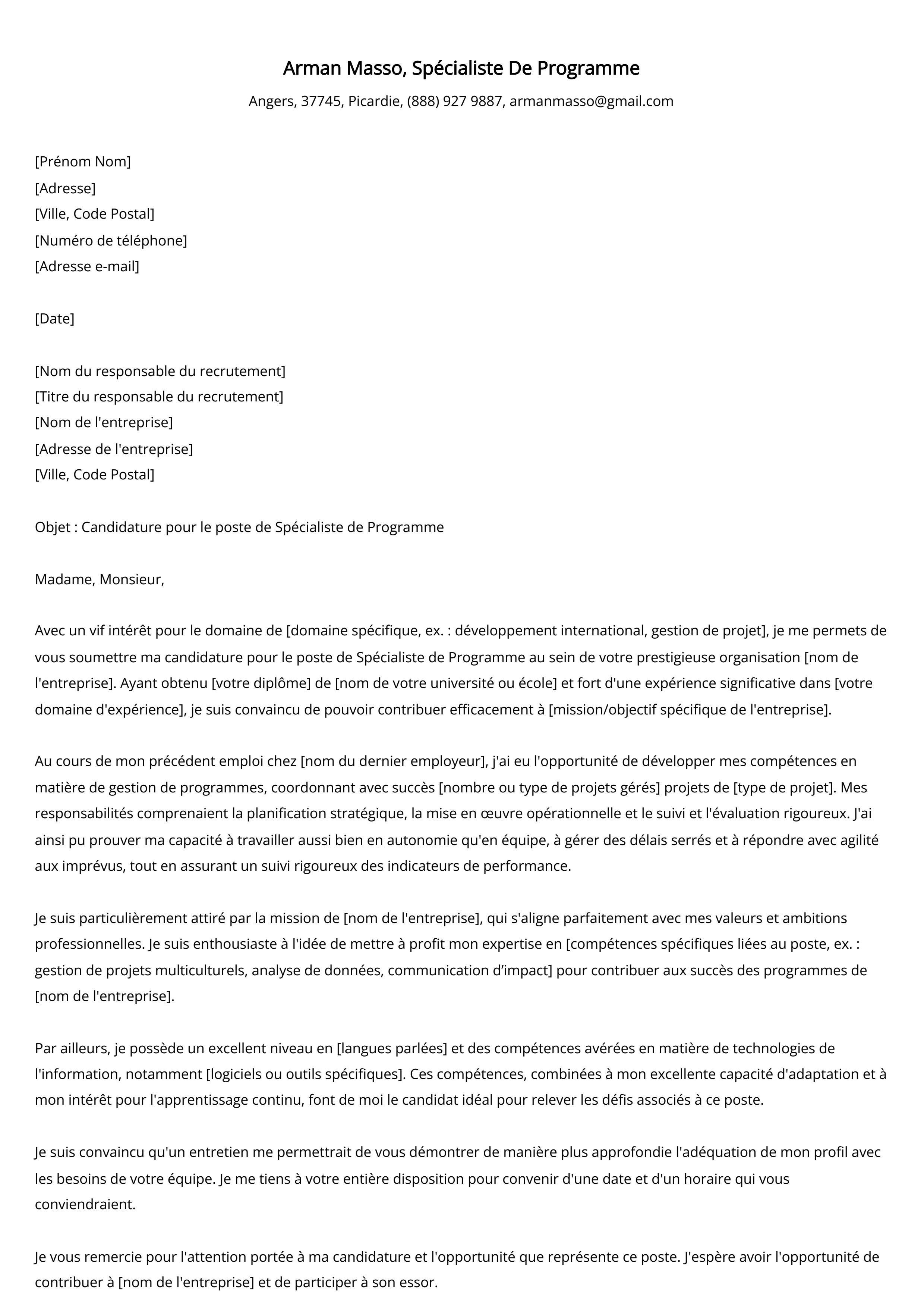 Spécialiste De Programme Cover Letter Example