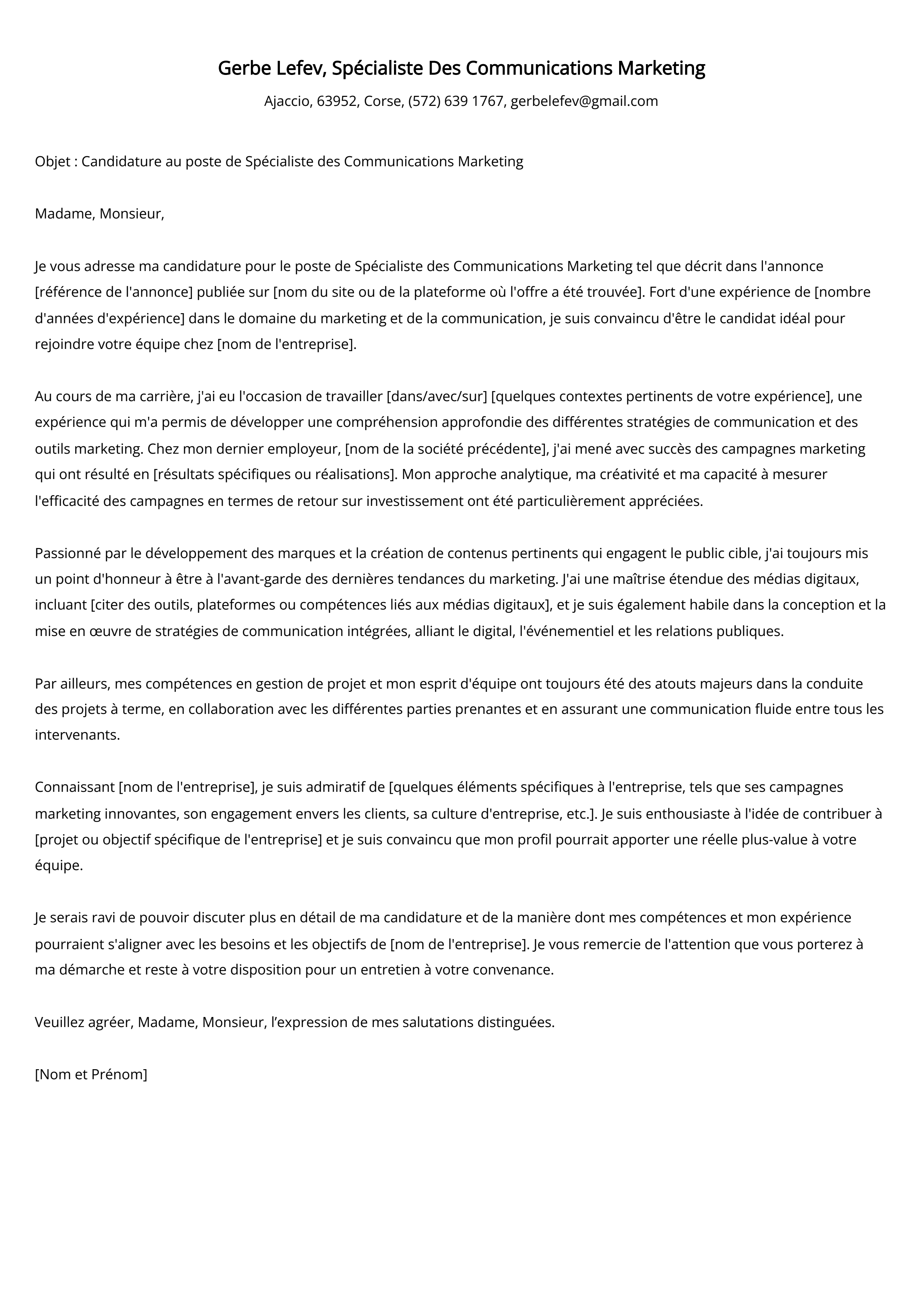 Spécialiste Des Communications Marketing Cover Letter Example