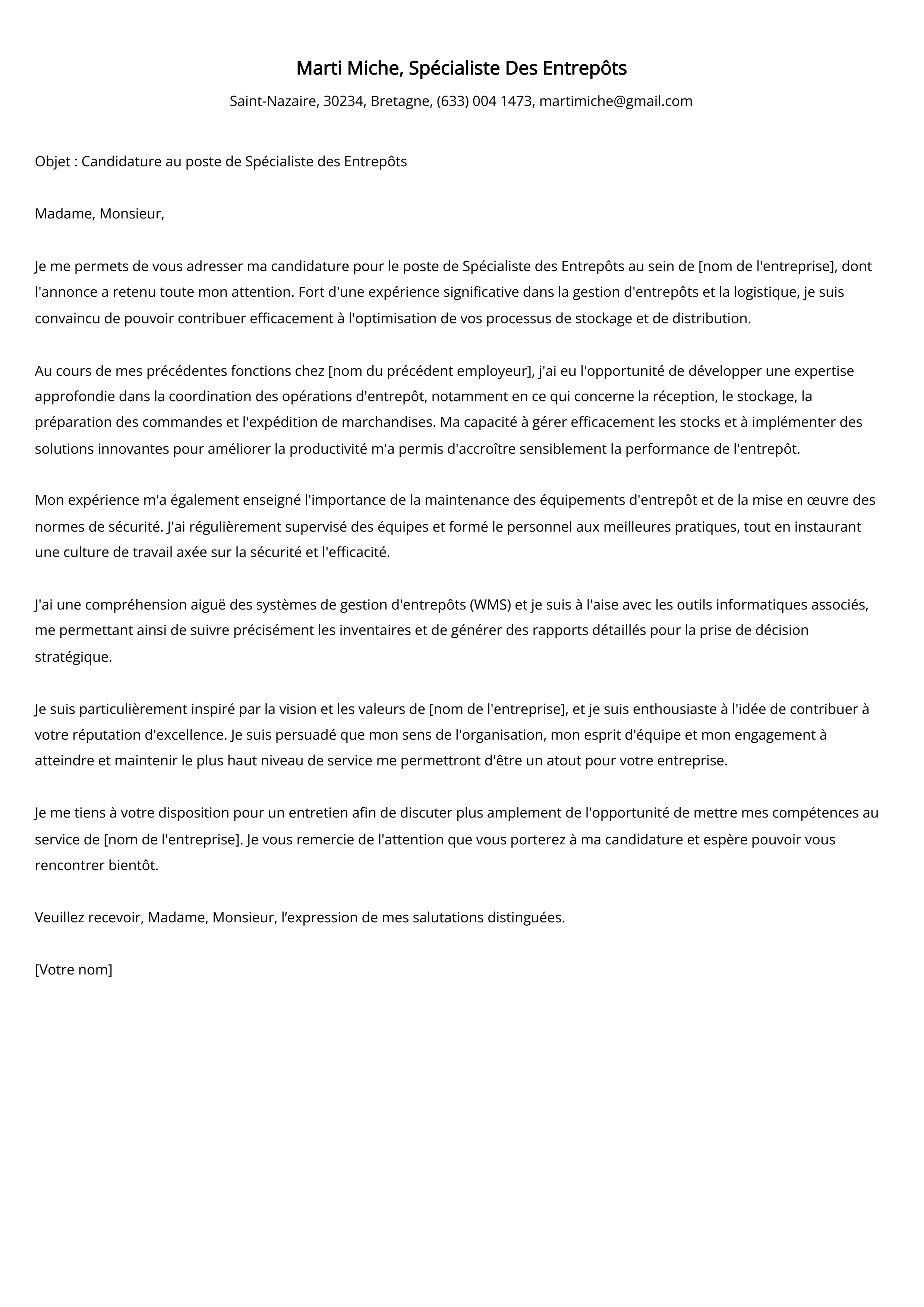 Spécialiste Des Entrepôts Cover Letter Example