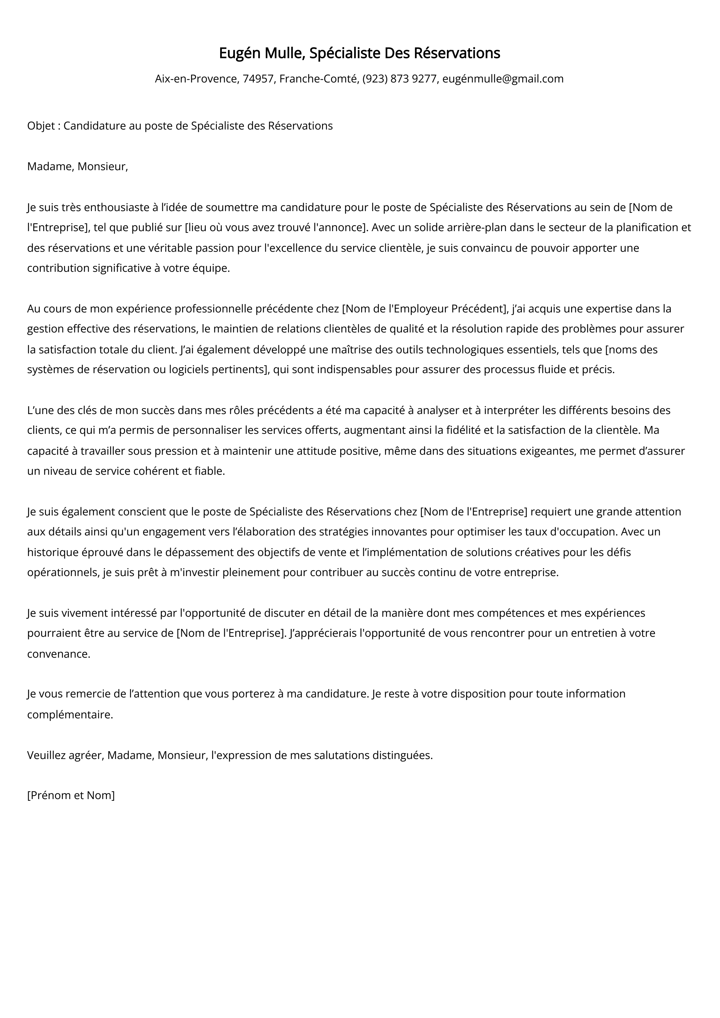 Spécialiste Des Réservations Exemple de lettre de motivation