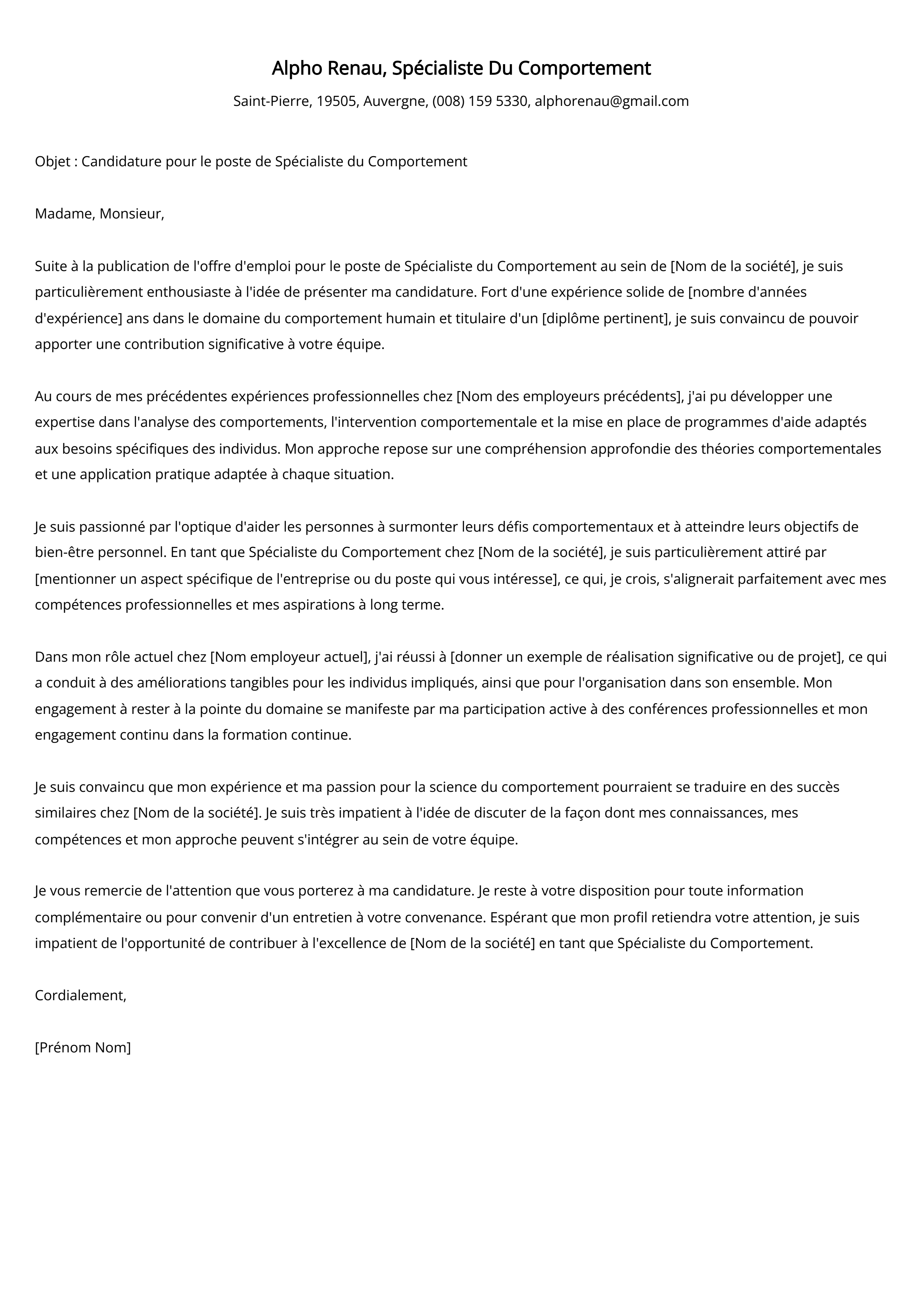 Spécialiste Du Comportement Exemple de lettre de motivation