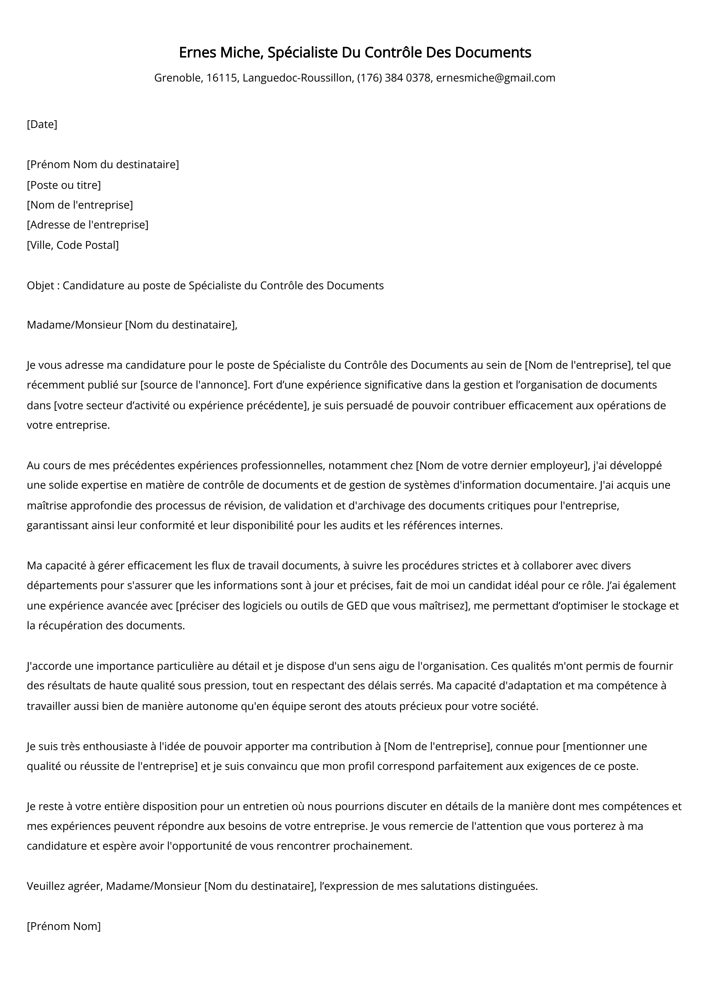 Spécialiste Du Contrôle Des Documents Exemple de lettre de motivation