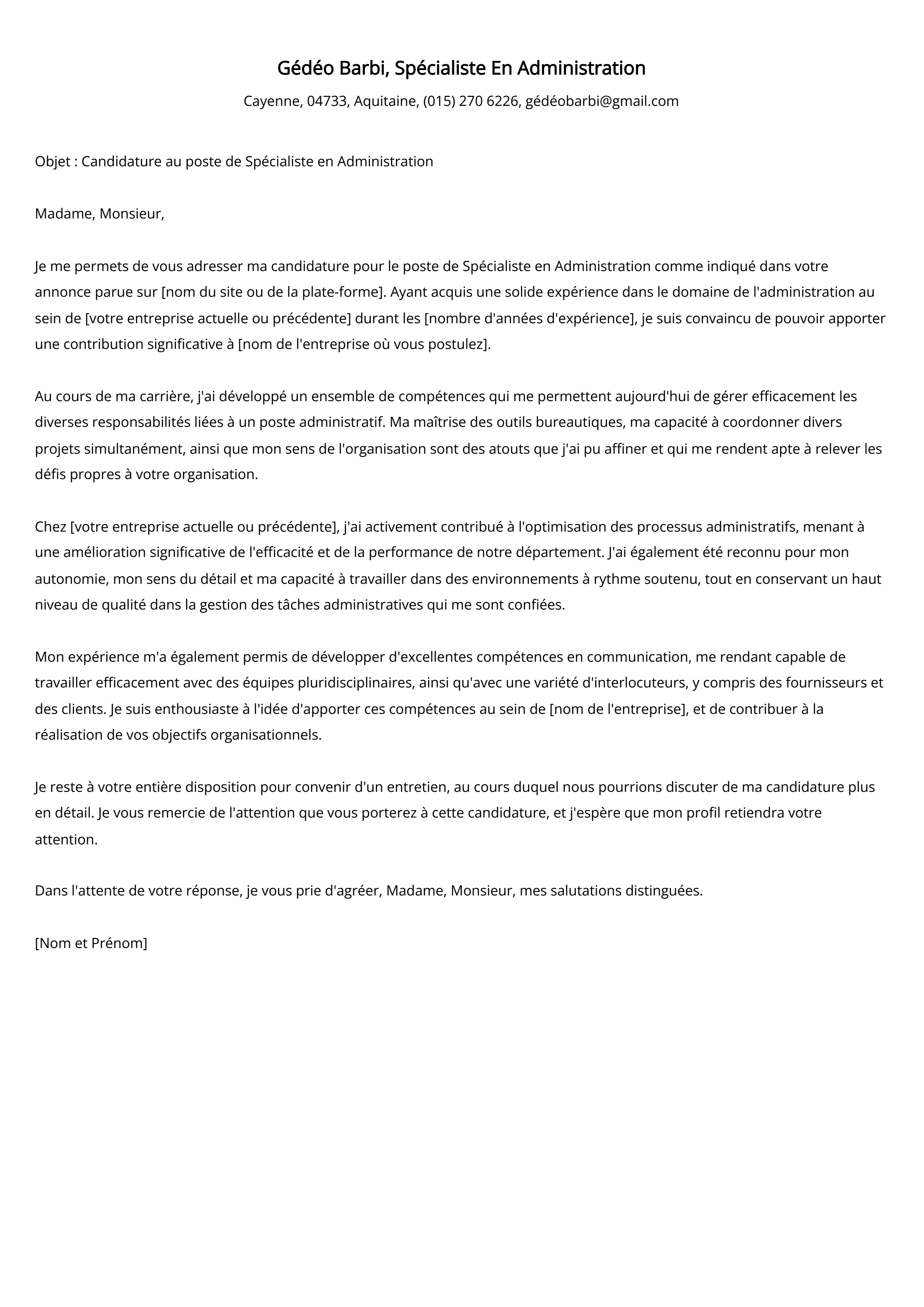 Spécialiste En Administration Cover Letter Example