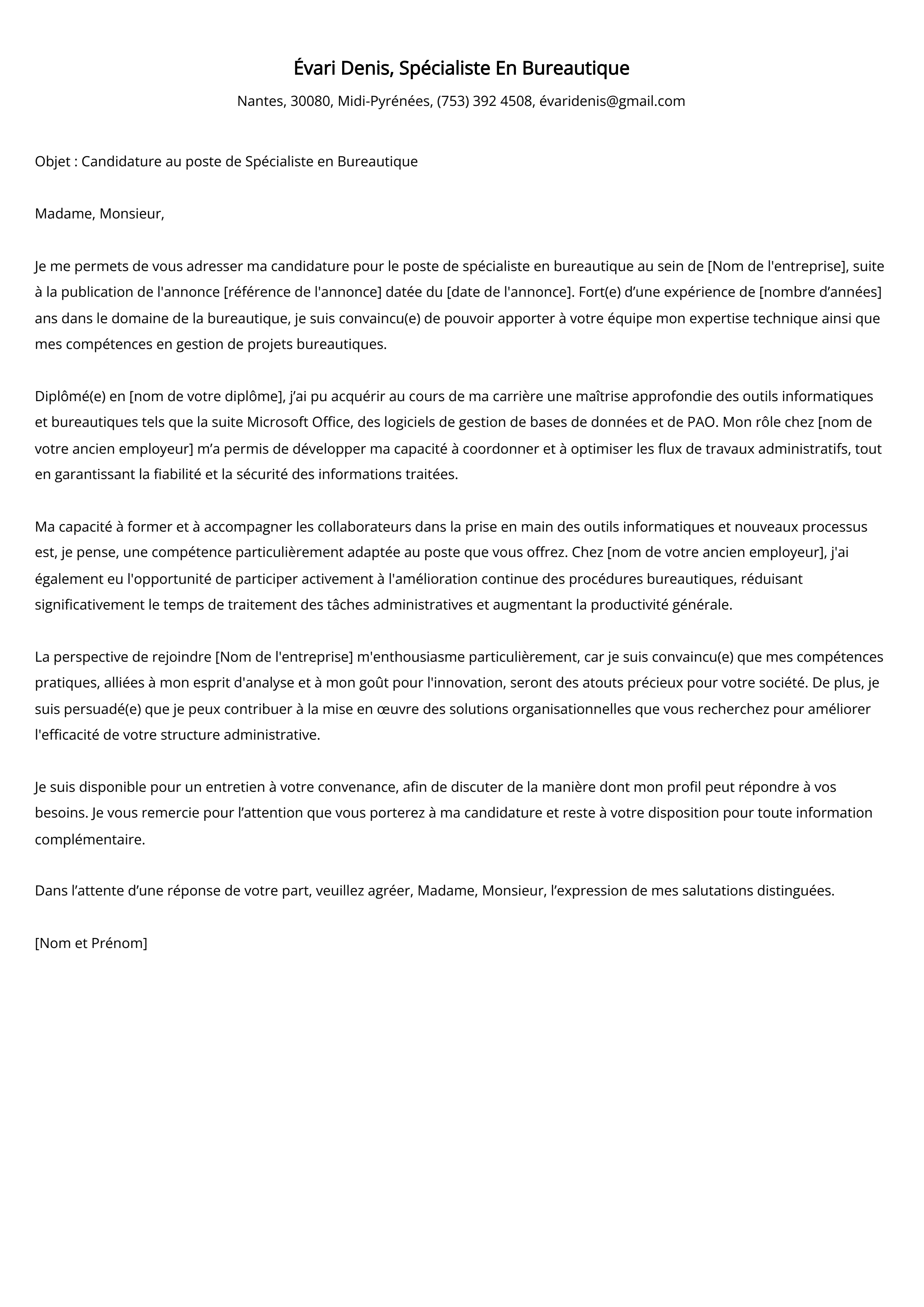 Spécialiste En Bureautique Cover Letter Example