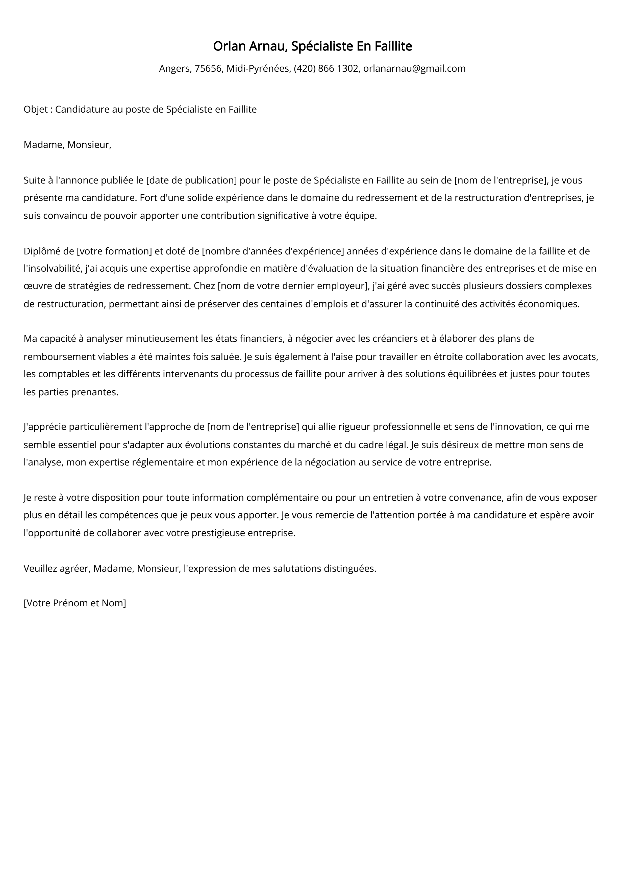 Spécialiste En Faillite Cover Letter Example