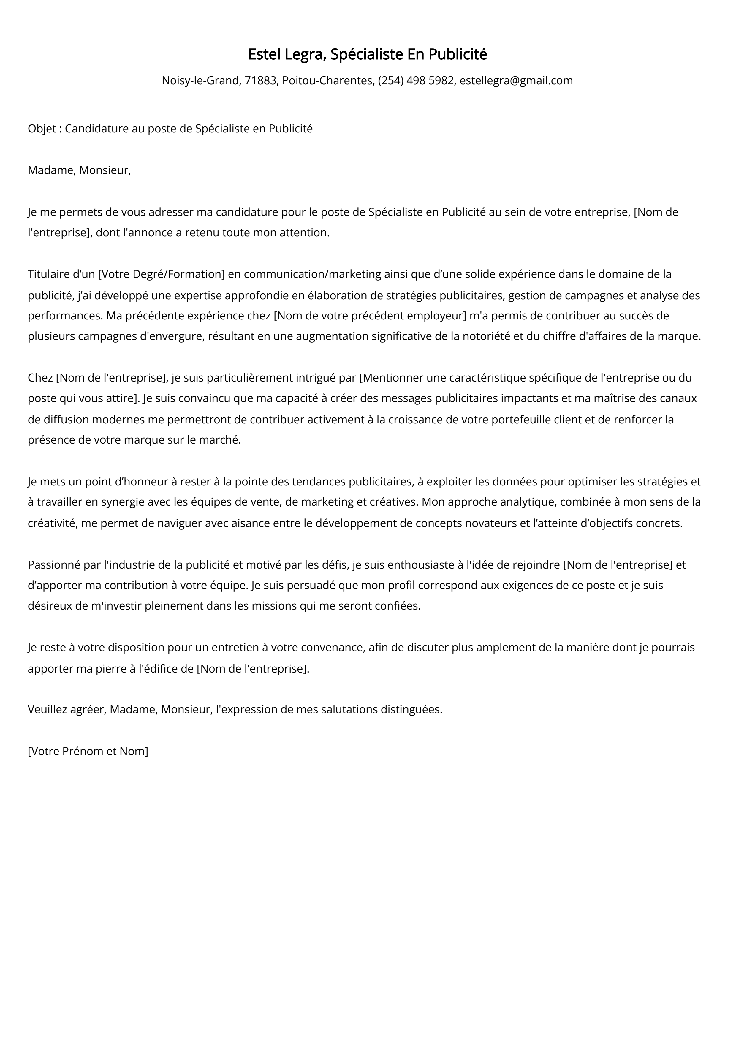 Spécialiste En Publicité Cover Letter Example