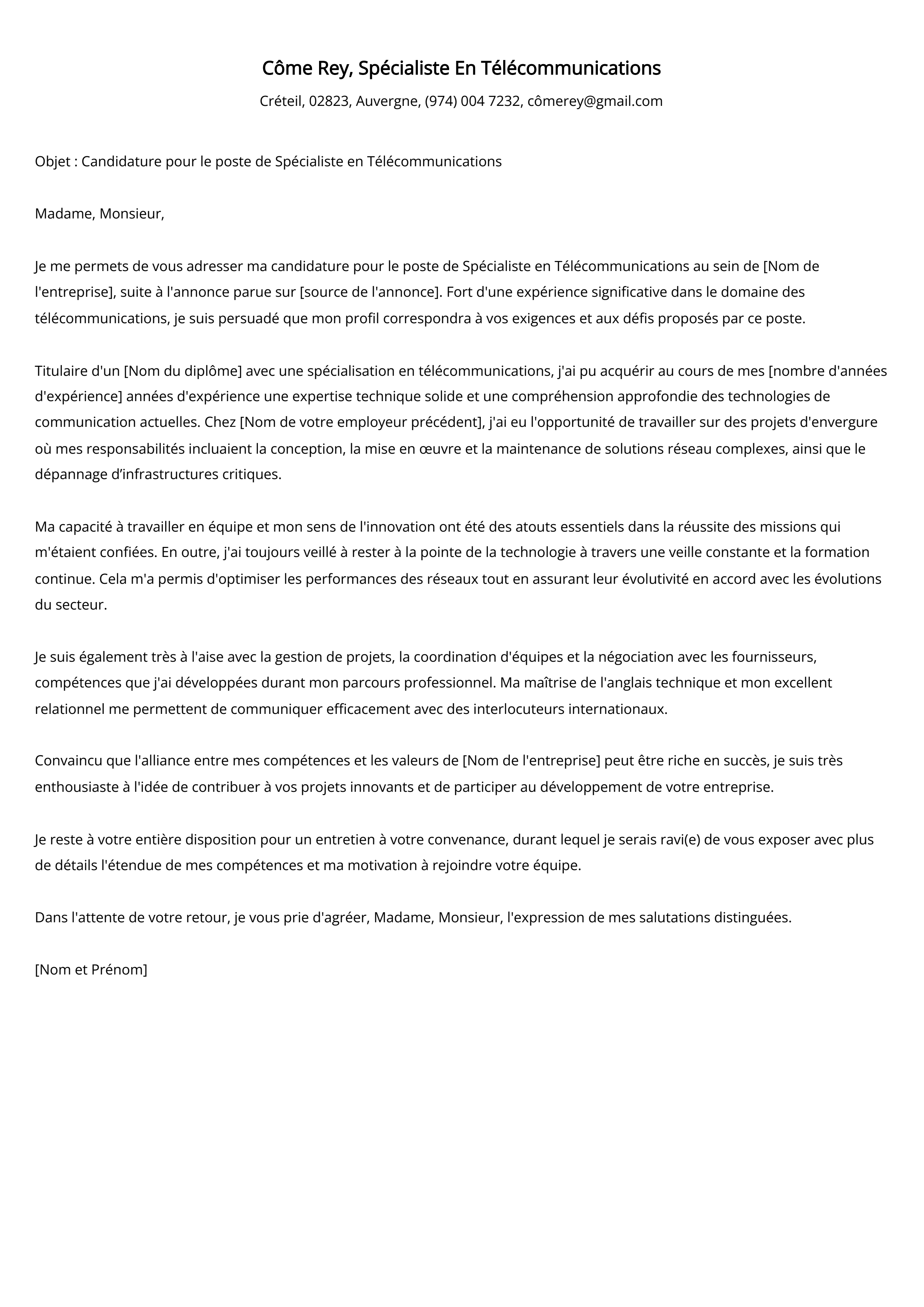 Spécialiste En Télécommunications Cover Letter Example