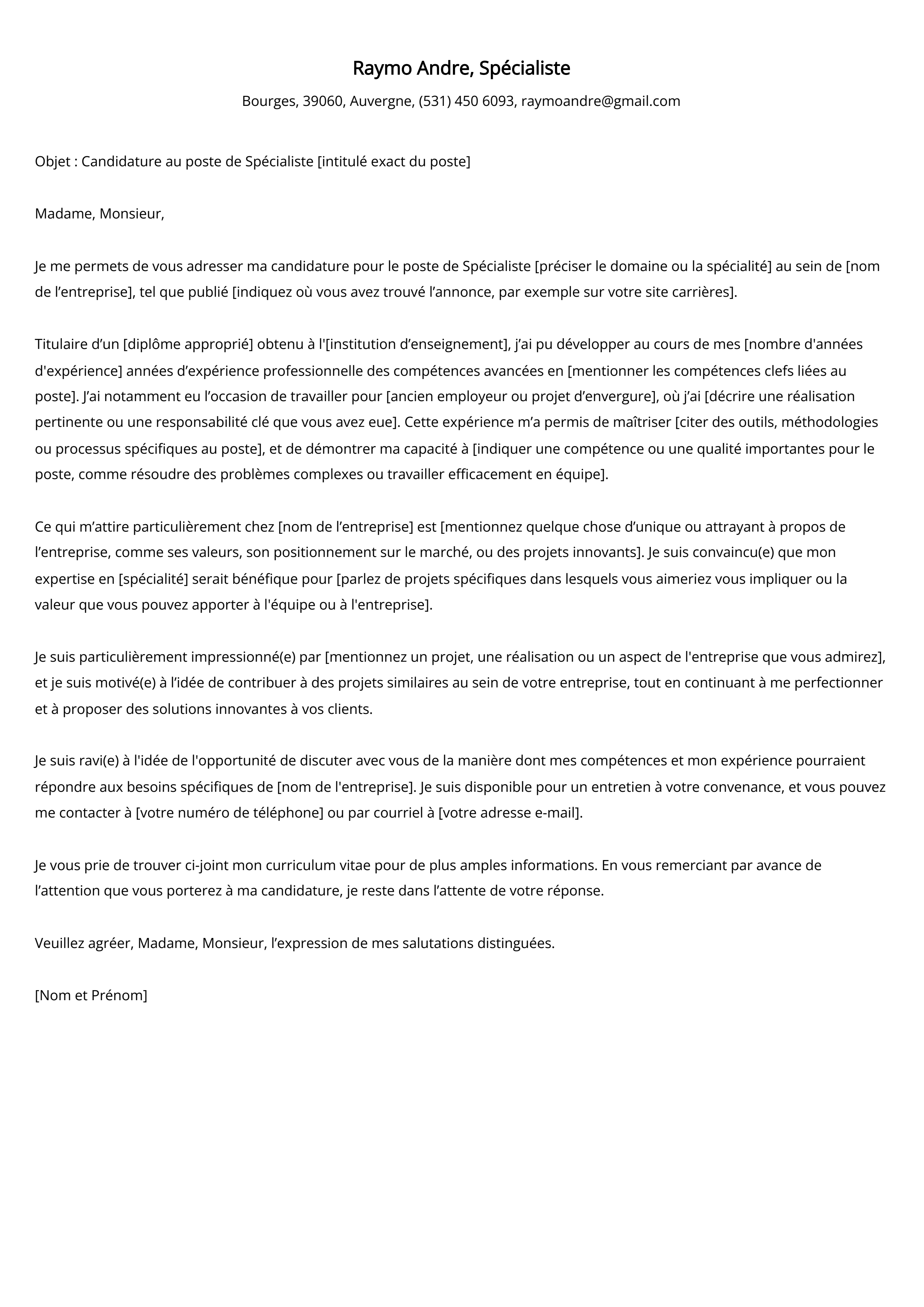 Exemple de lettre de motivation d'un spécialiste