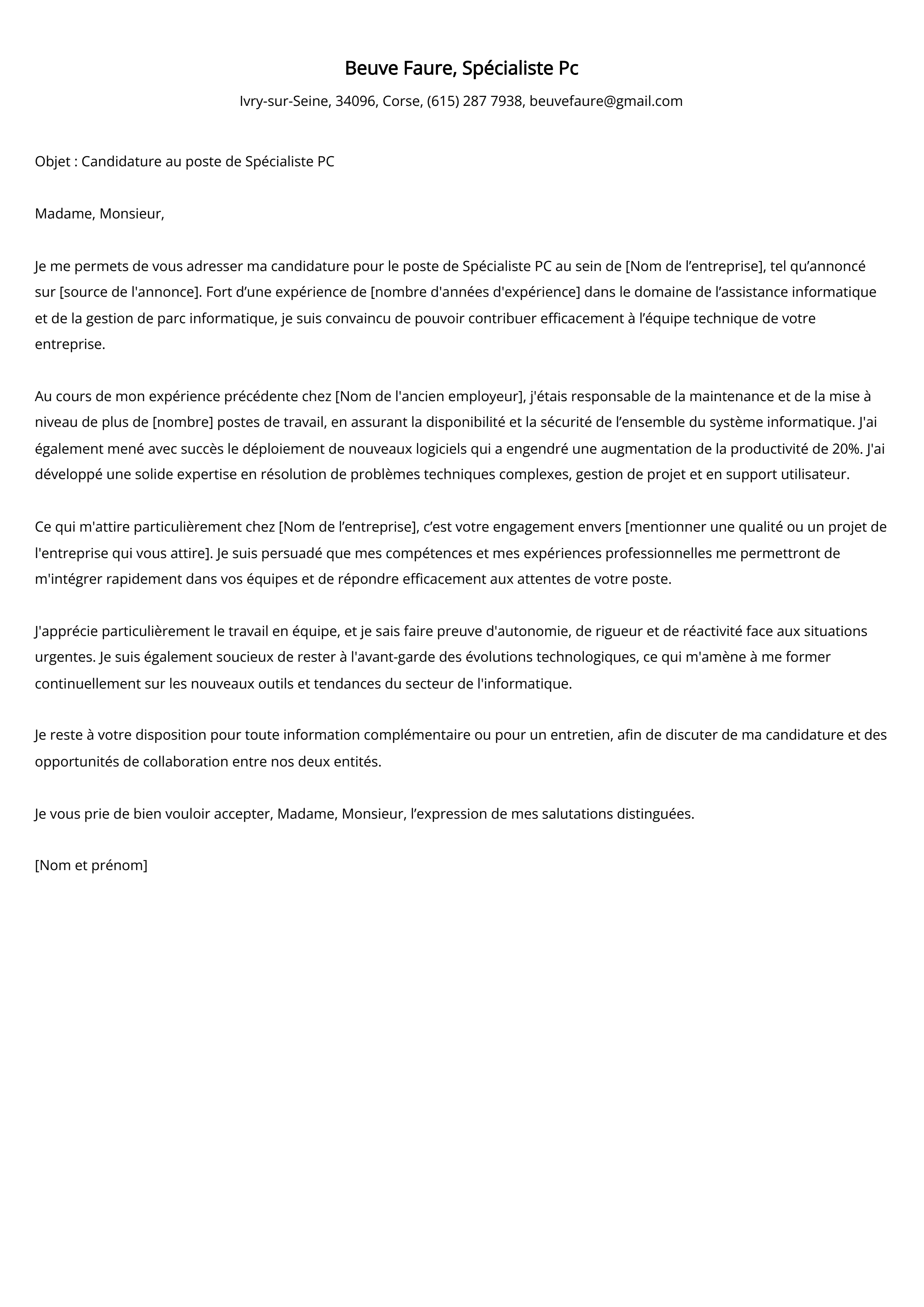 Spécialiste Pc Cover Letter Example