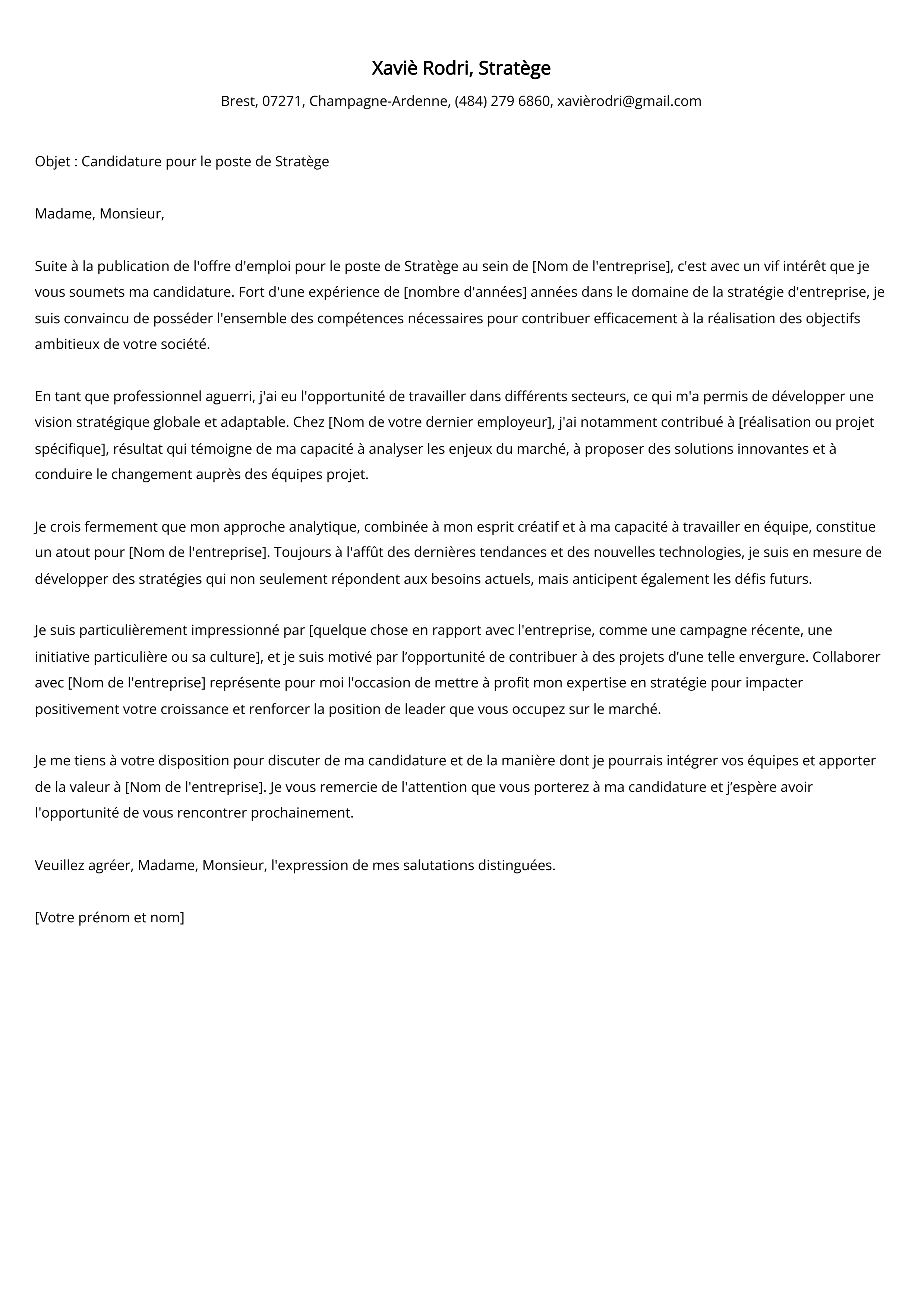 Exemple de lettre de motivation pour Stratège