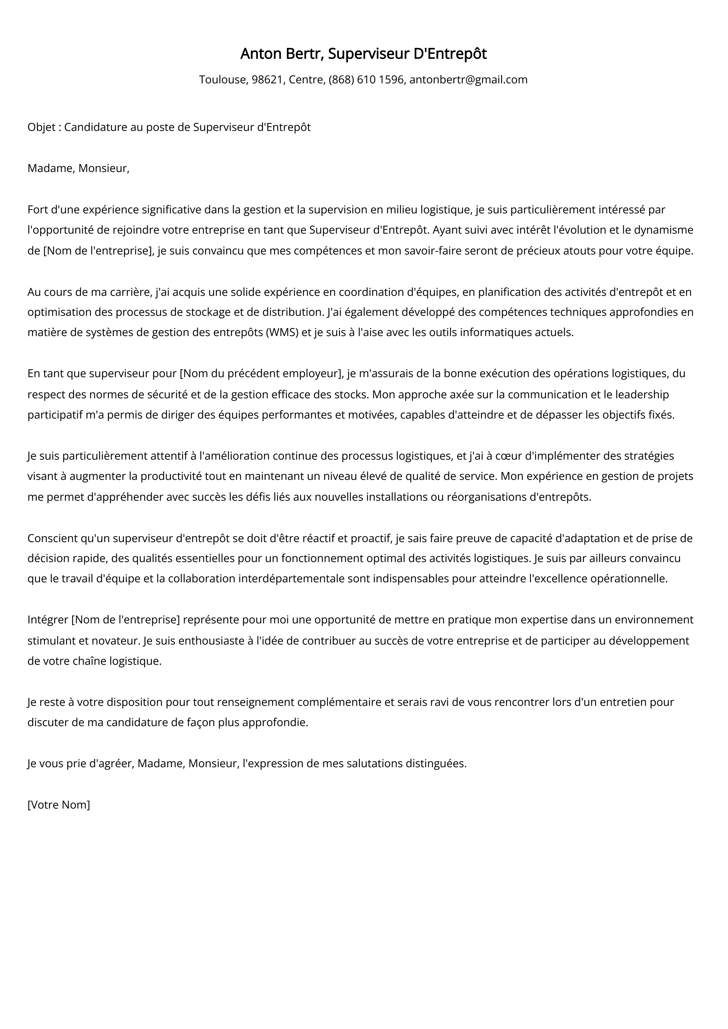 Exemple de lettre de motivation pour un superviseur d'entrepôt