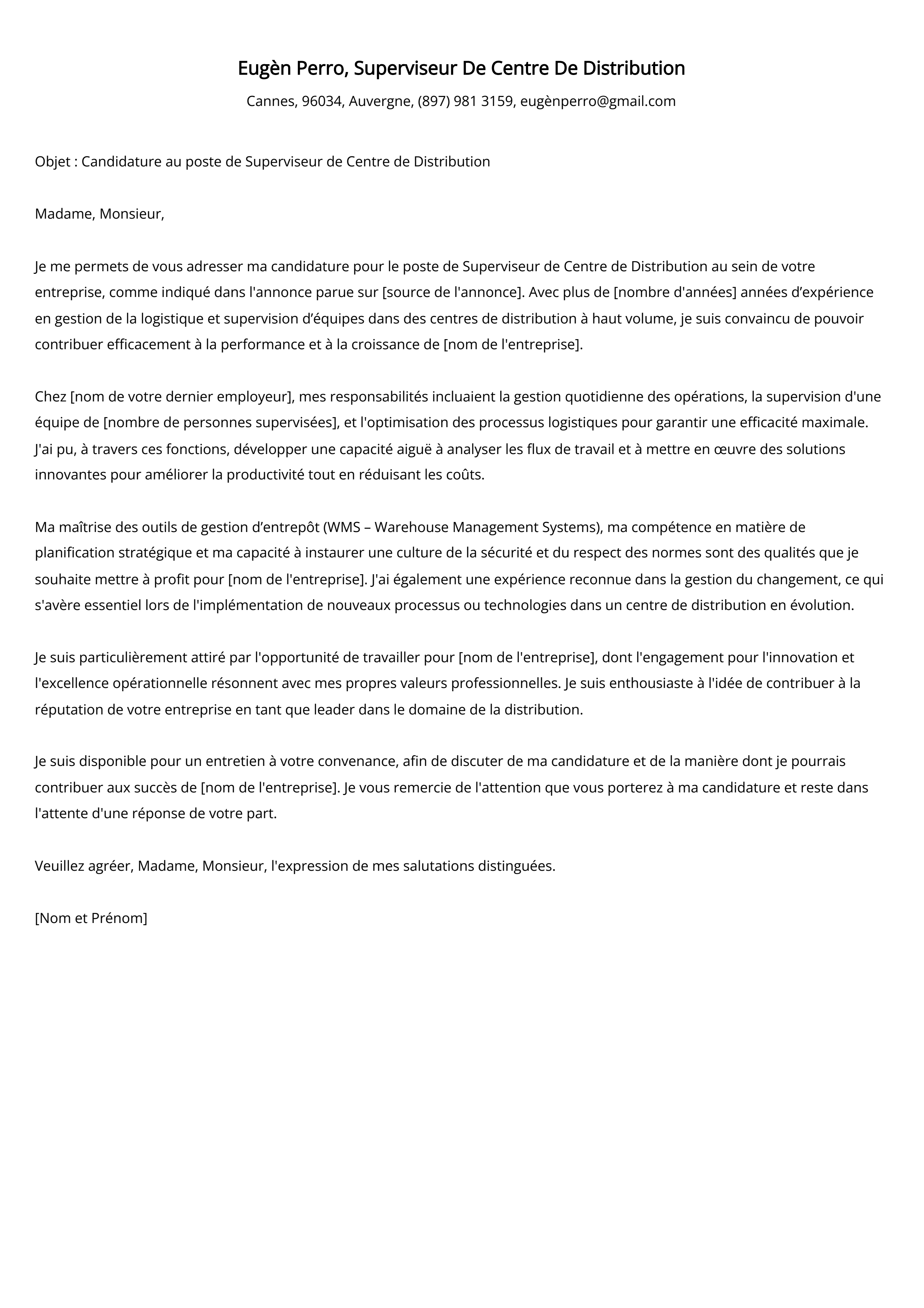 Superviseur De Centre De Distribution Cover Letter Example