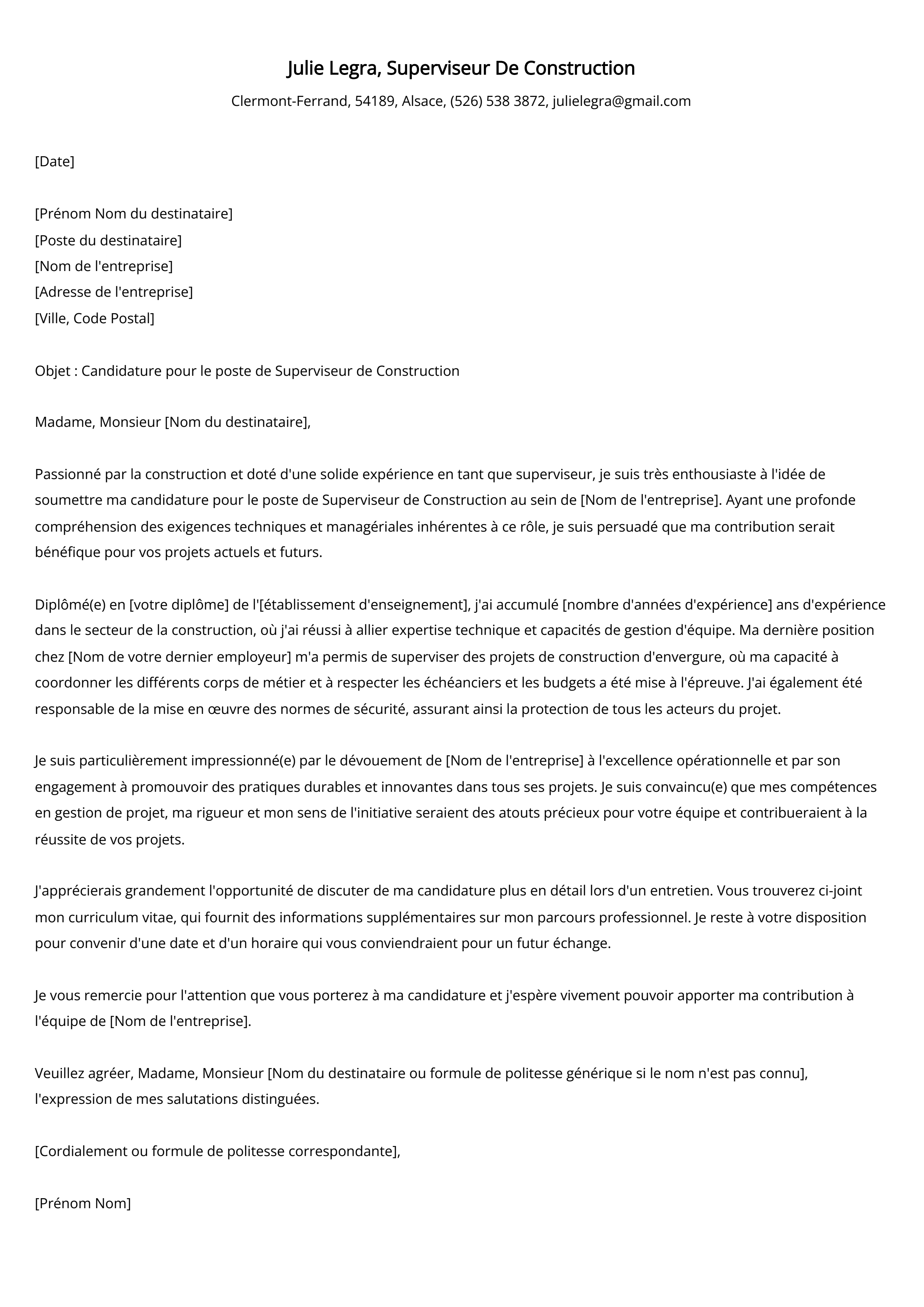 Superviseur De Construction Cover Letter Example