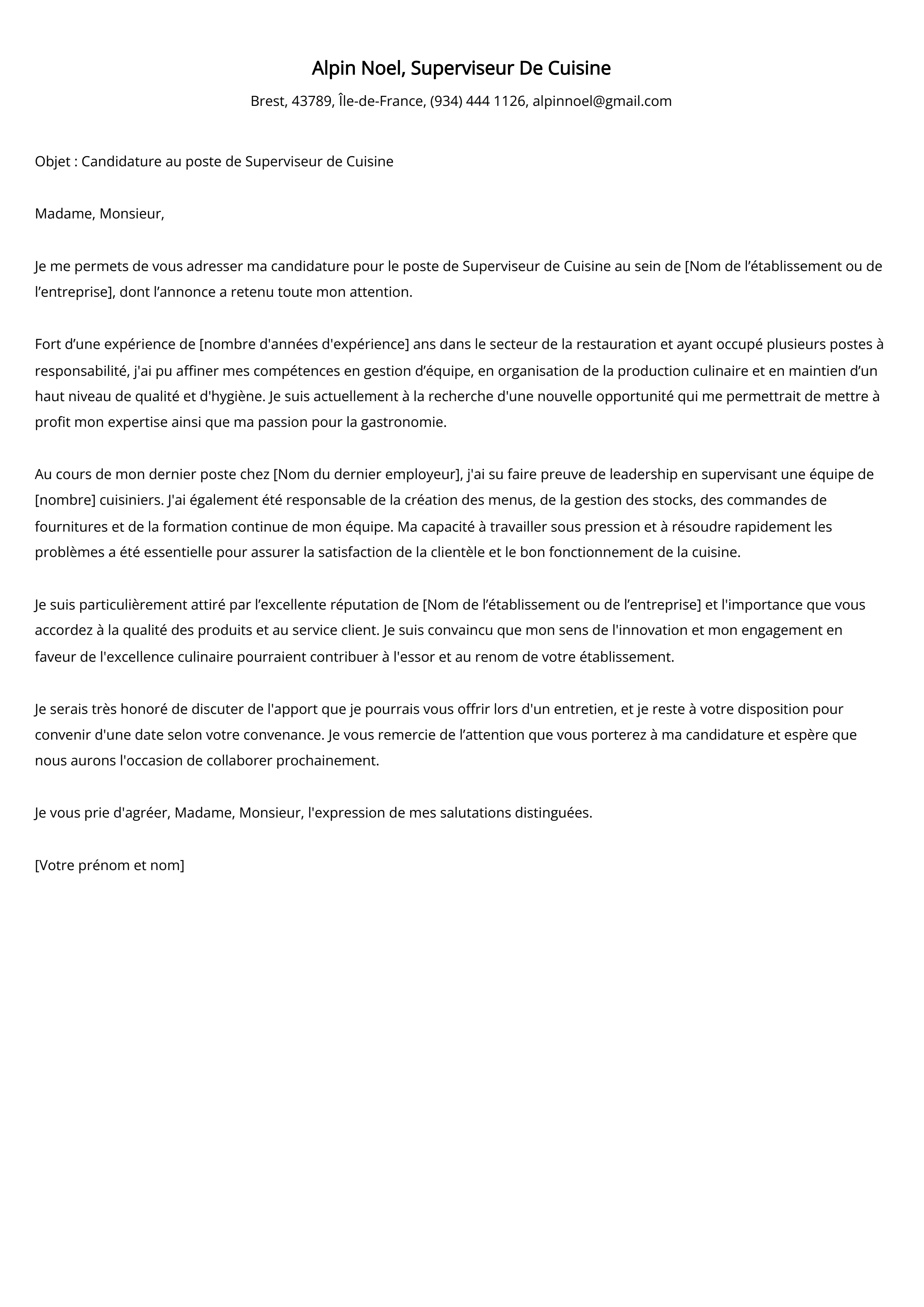 Superviseur De Cuisine Cover Letter Example