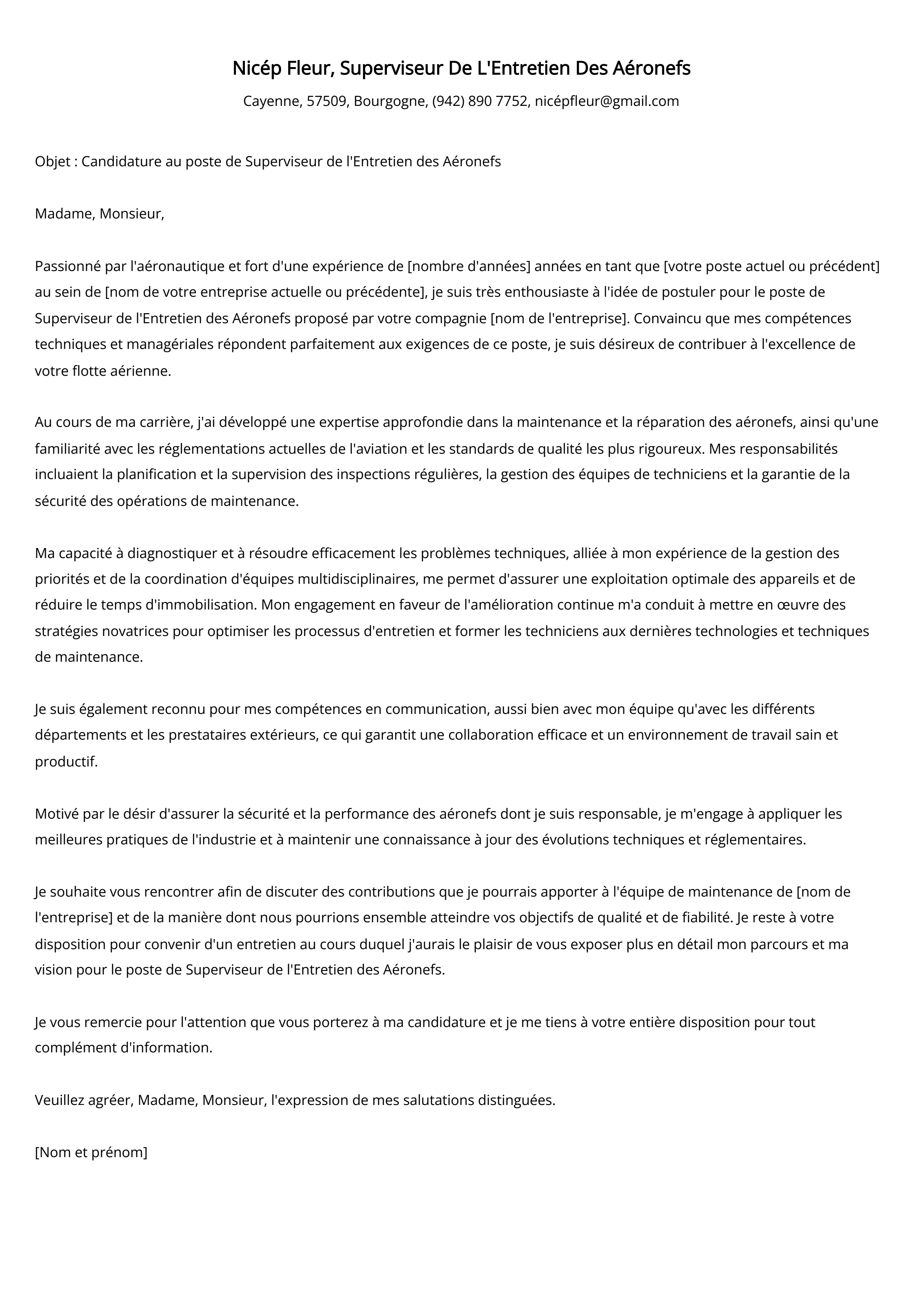 Superviseur De L'Entretien Des Aéronefs Exemple de lettre de motivation