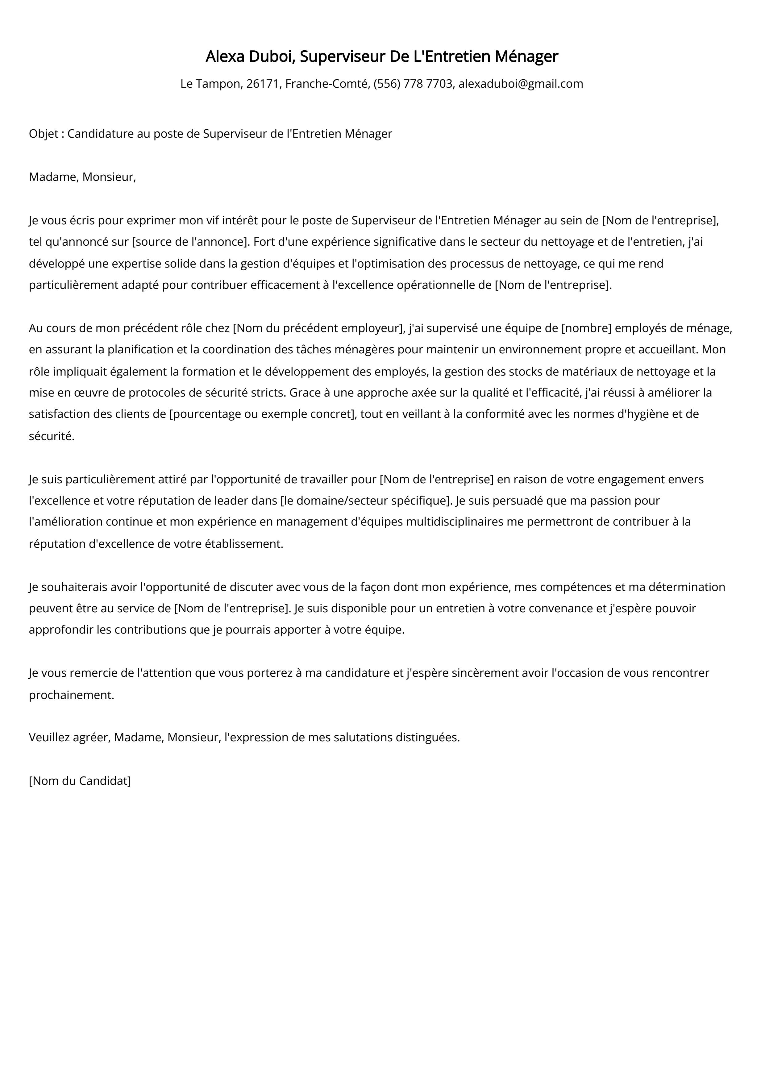 Superviseur De L'Entretien Ménager Cover Letter Example