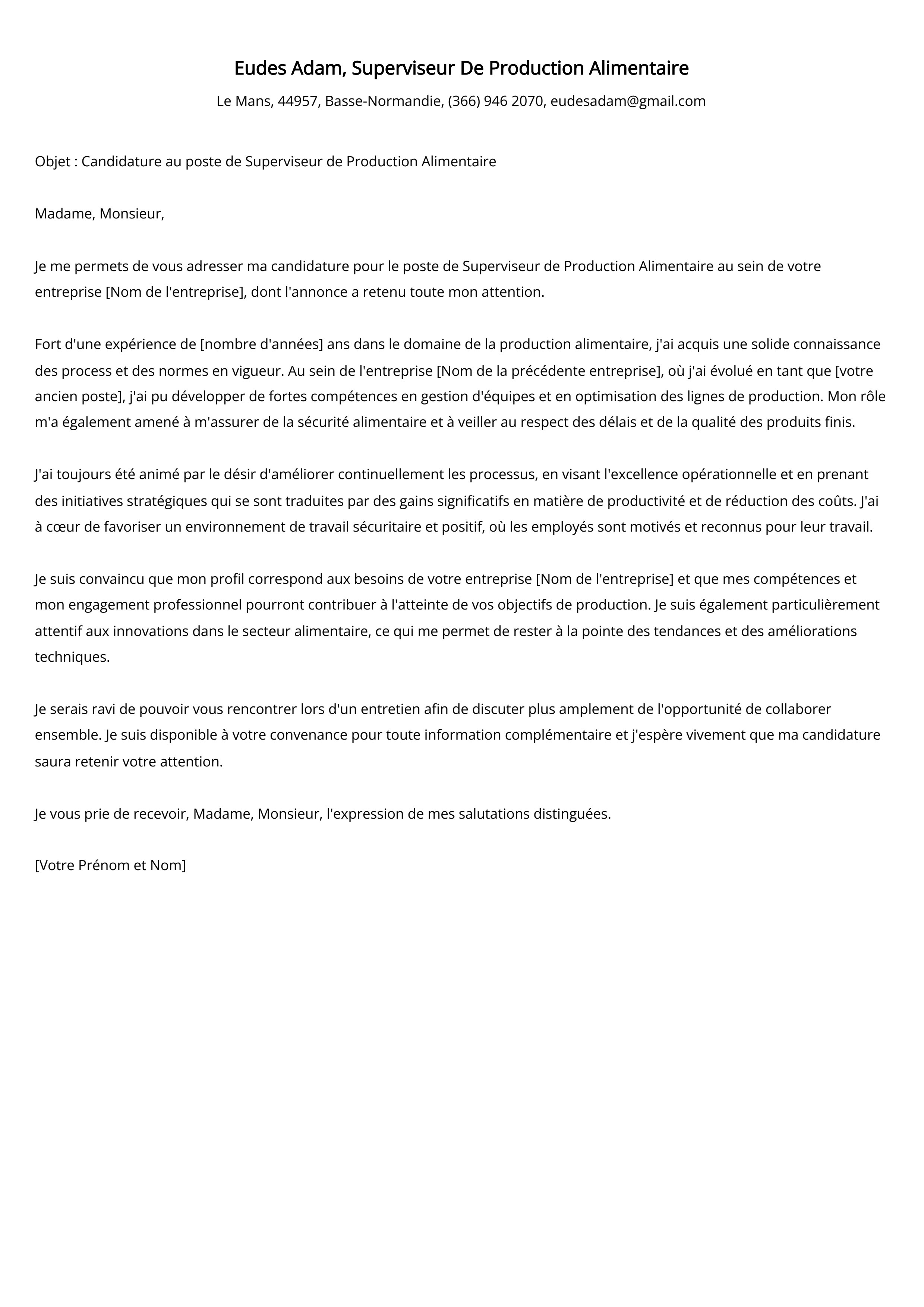 Superviseur De Production Alimentaire Cover Letter Example