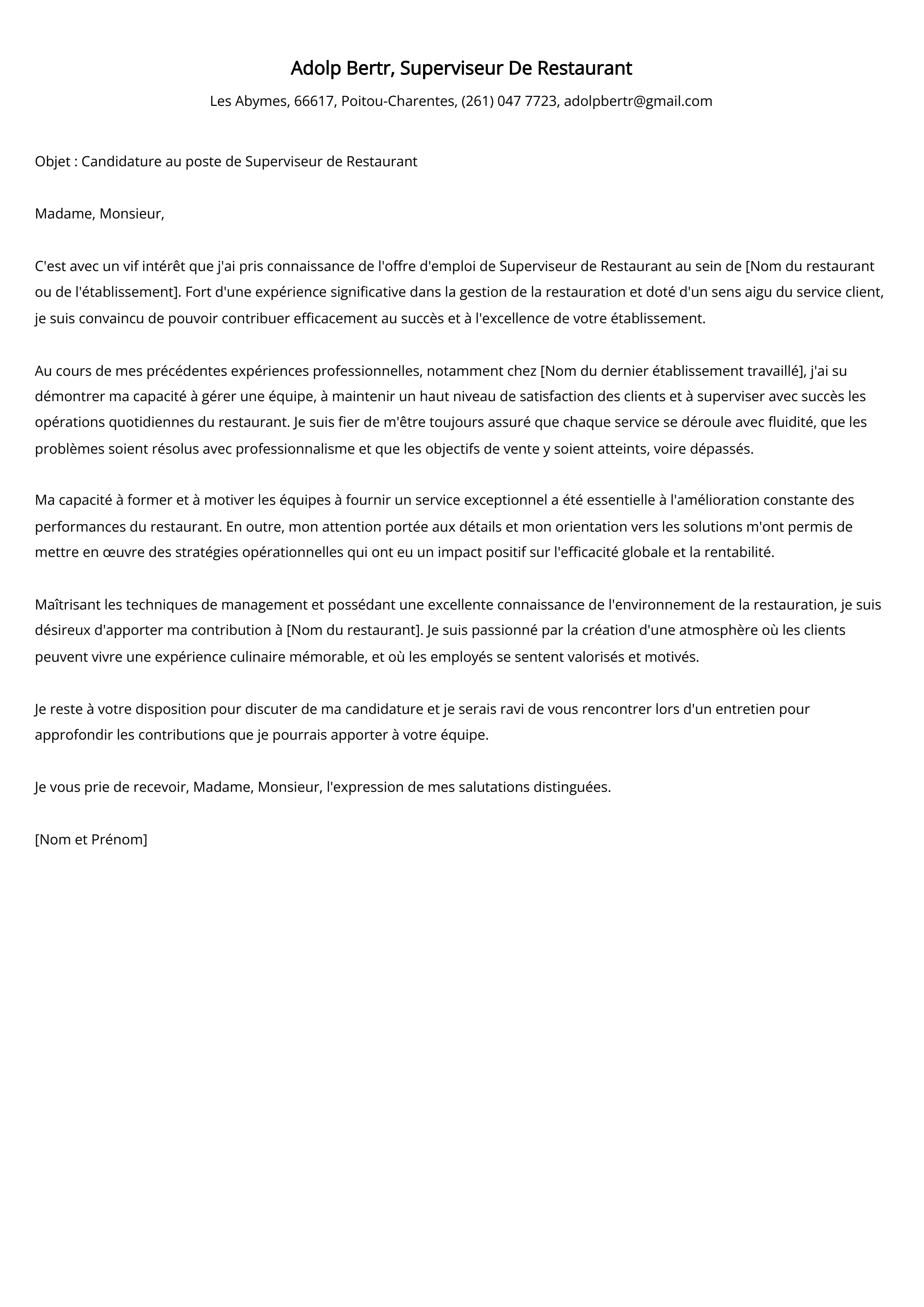 Superviseur De Restaurant Cover Letter Example