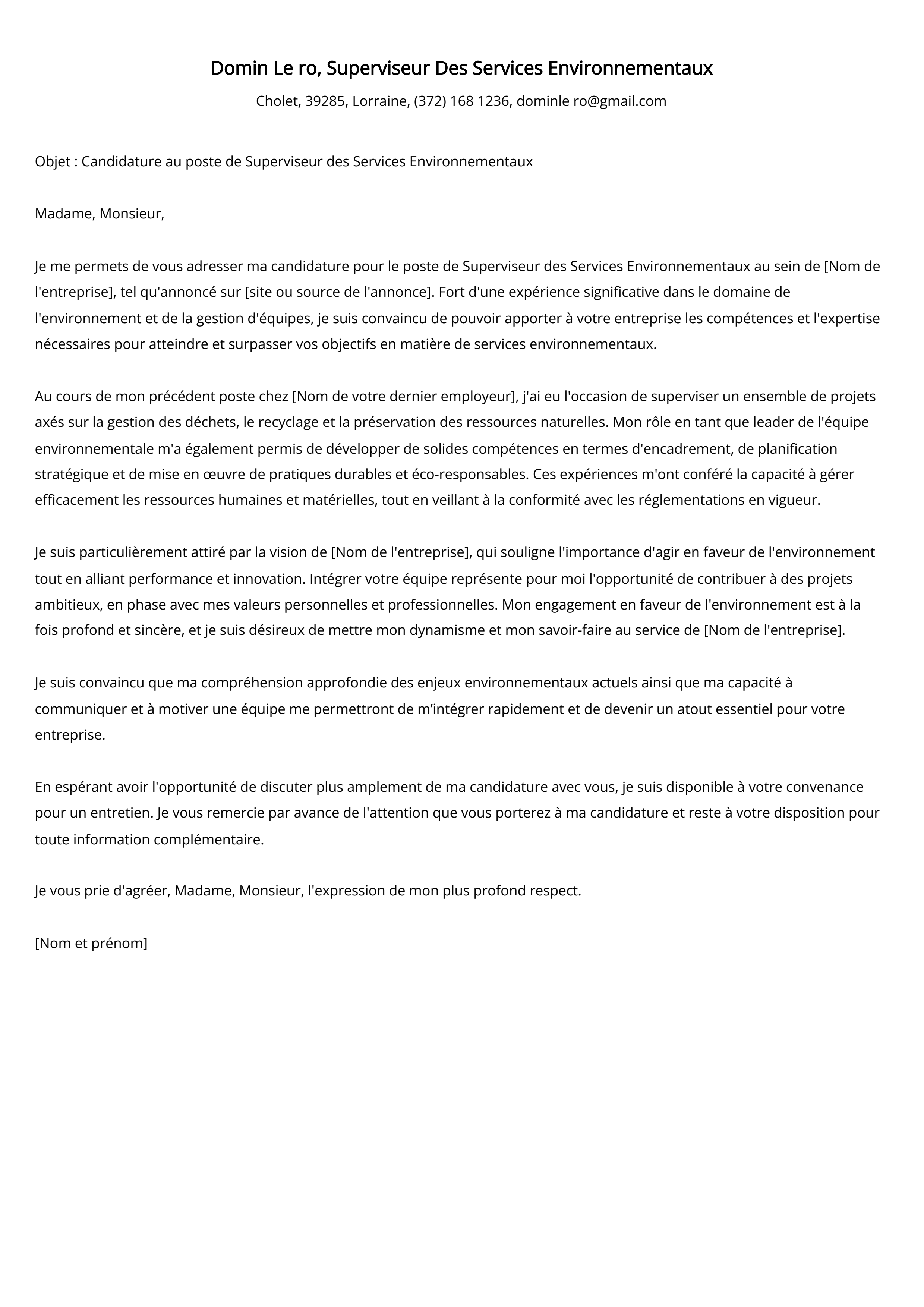 Superviseur Des Services Environnementaux Cover Letter Example