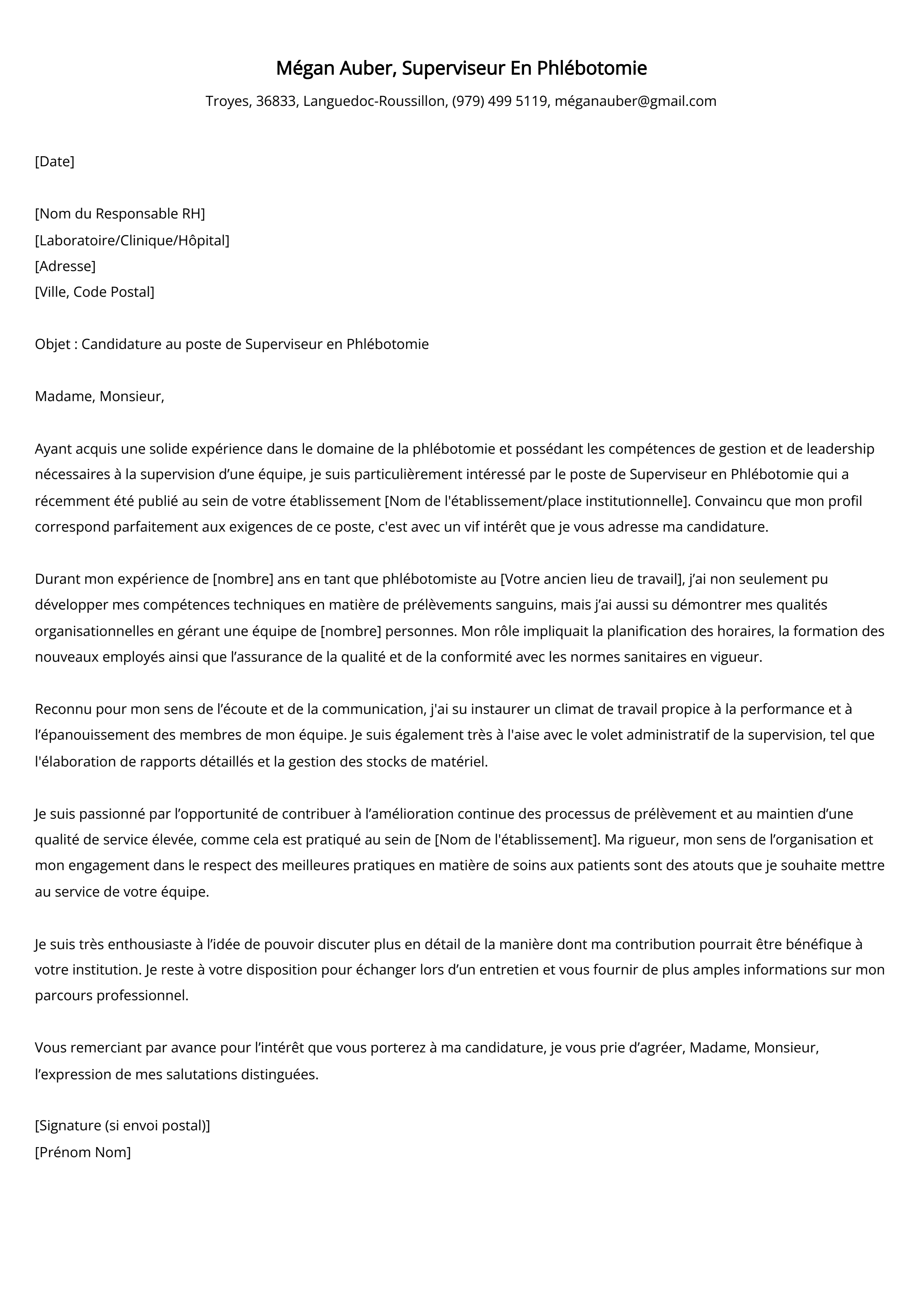 Superviseur En Phlébotomie Cover Letter Example