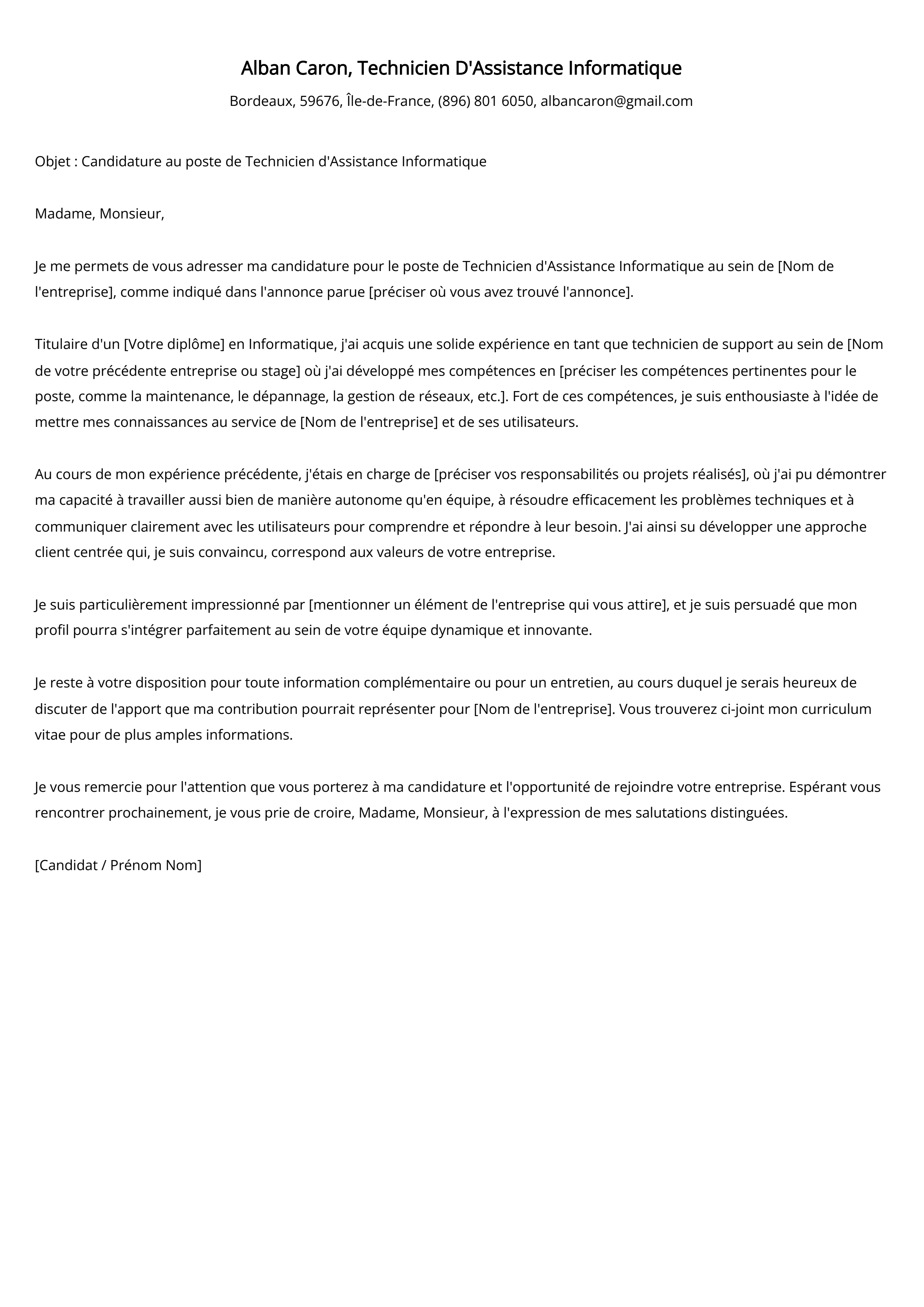 Exemple de lettre de motivation pour un technicien d'assistance informatique