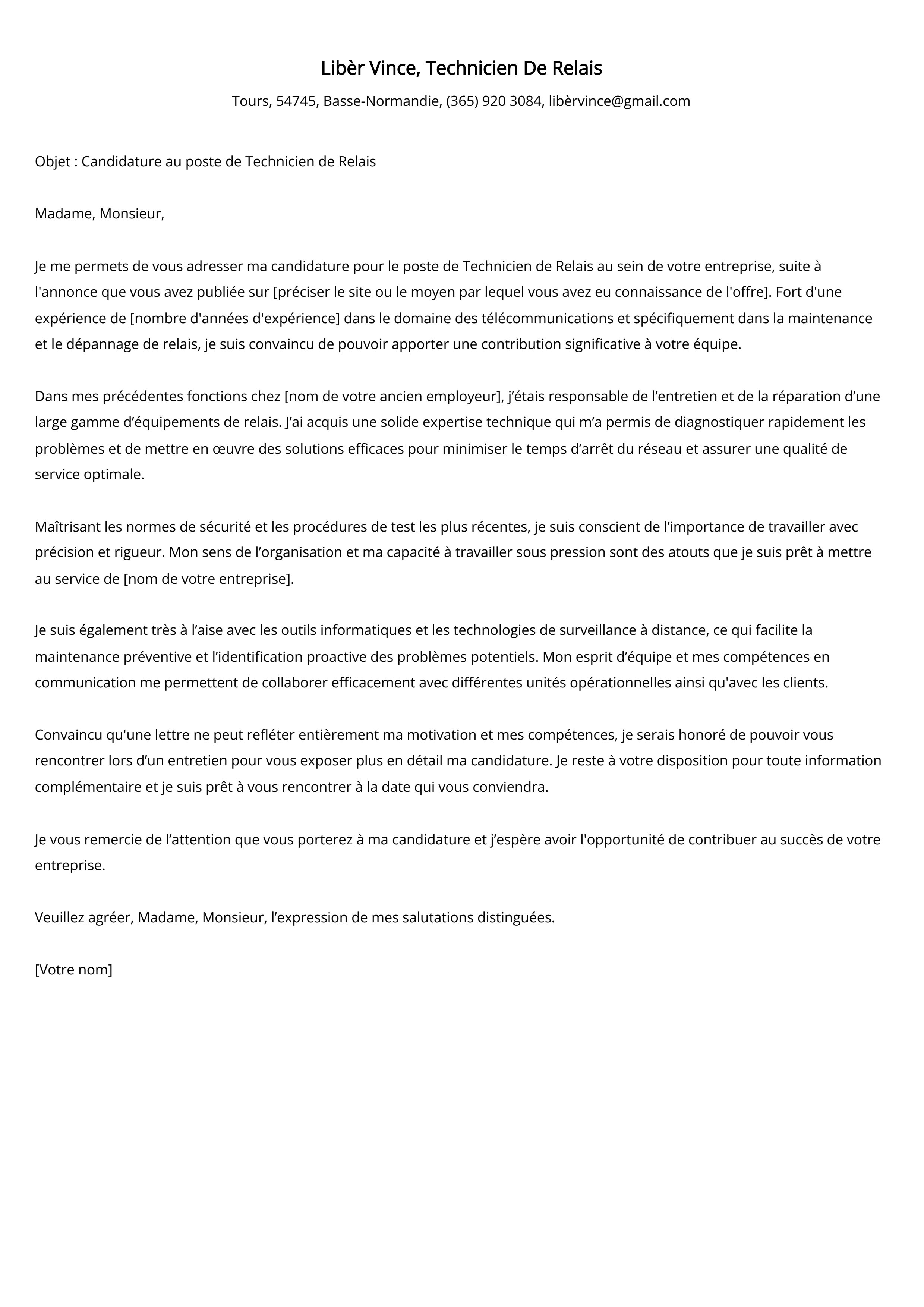 Exemple de lettre de motivation pour un technicien de relais