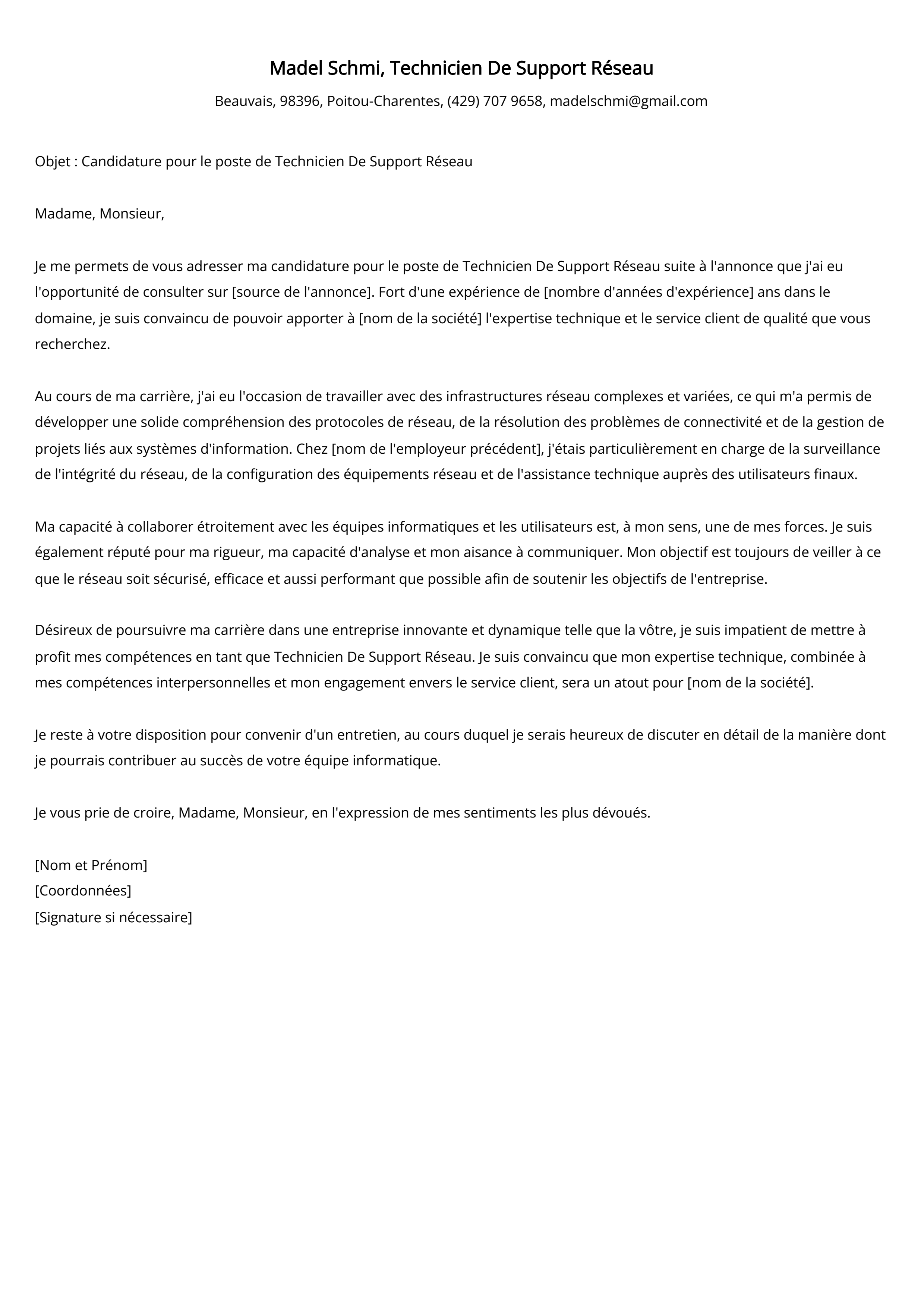 Technicien De Support Réseau Cover Letter Example