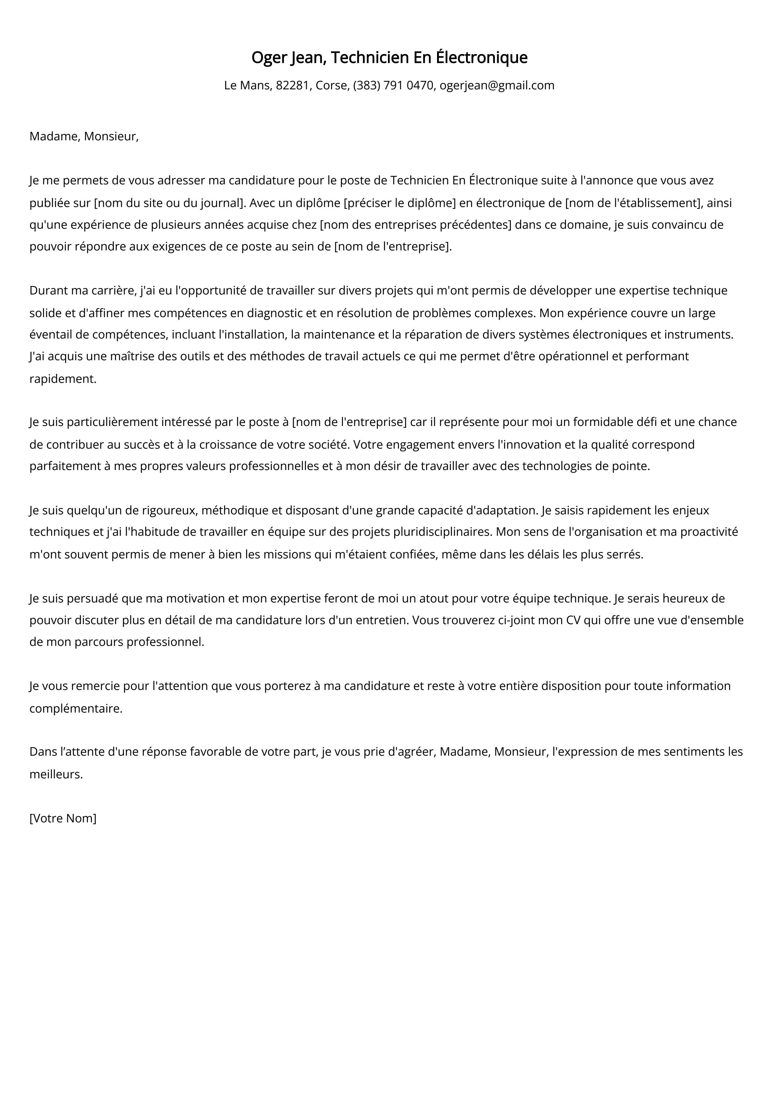 Technicien En Électronique Cover Letter Example