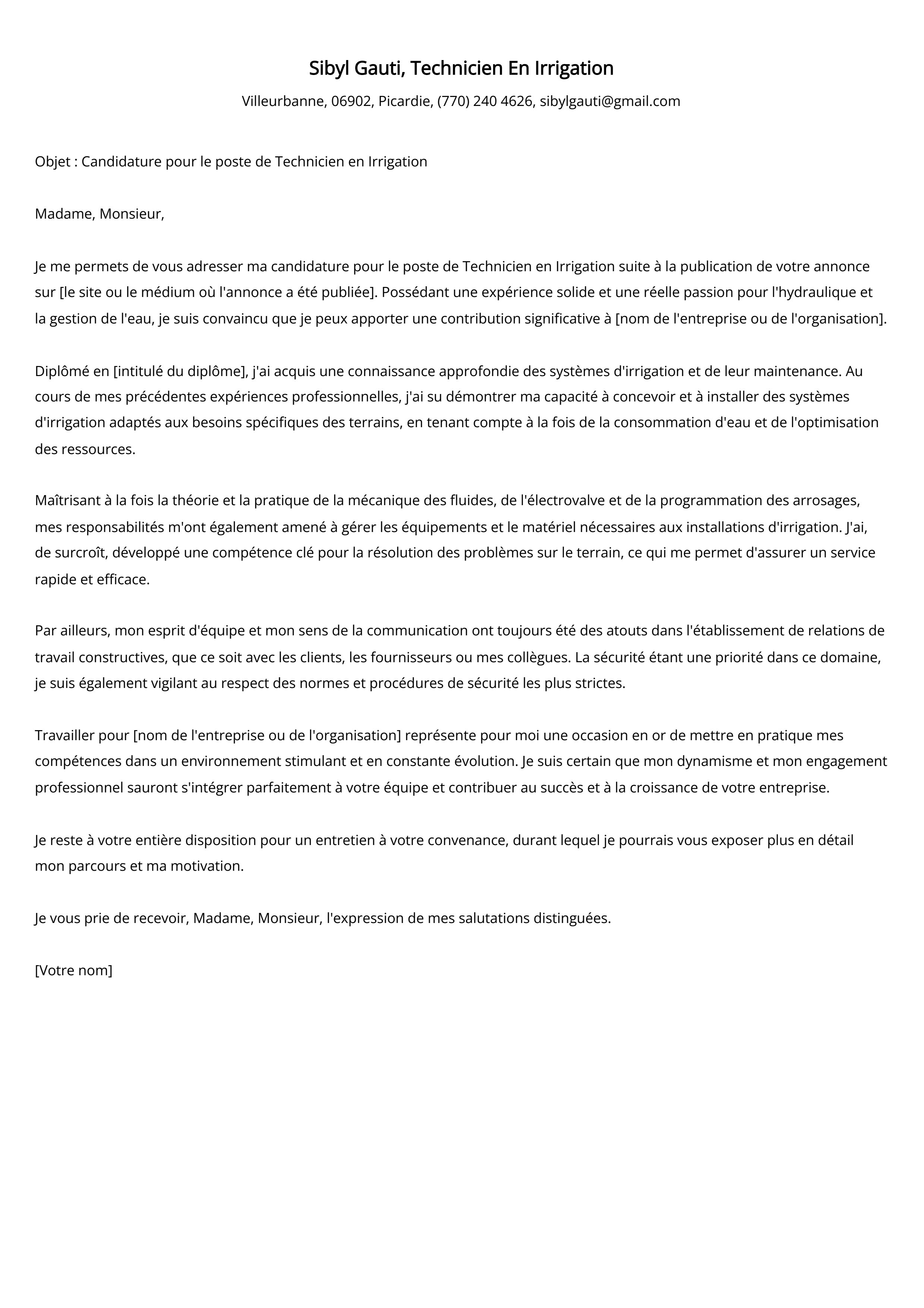 Technicien En Irrigation Cover Letter Example