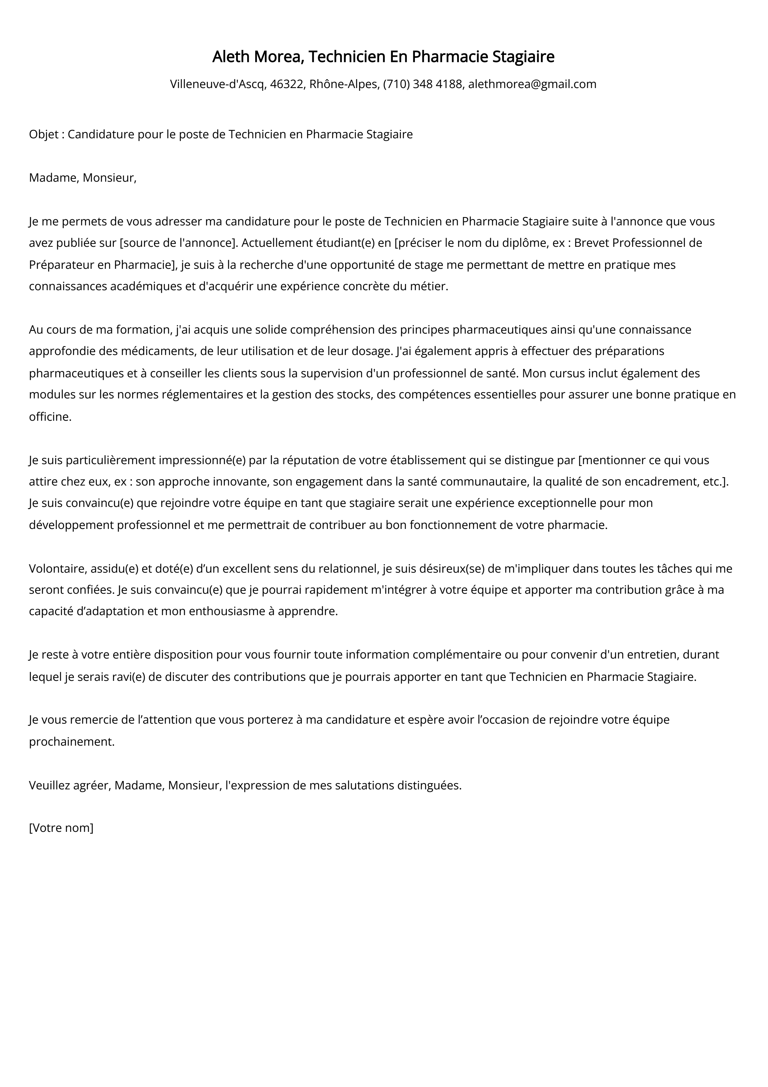 Technicien En Pharmacie Stagiaire Cover Letter Example