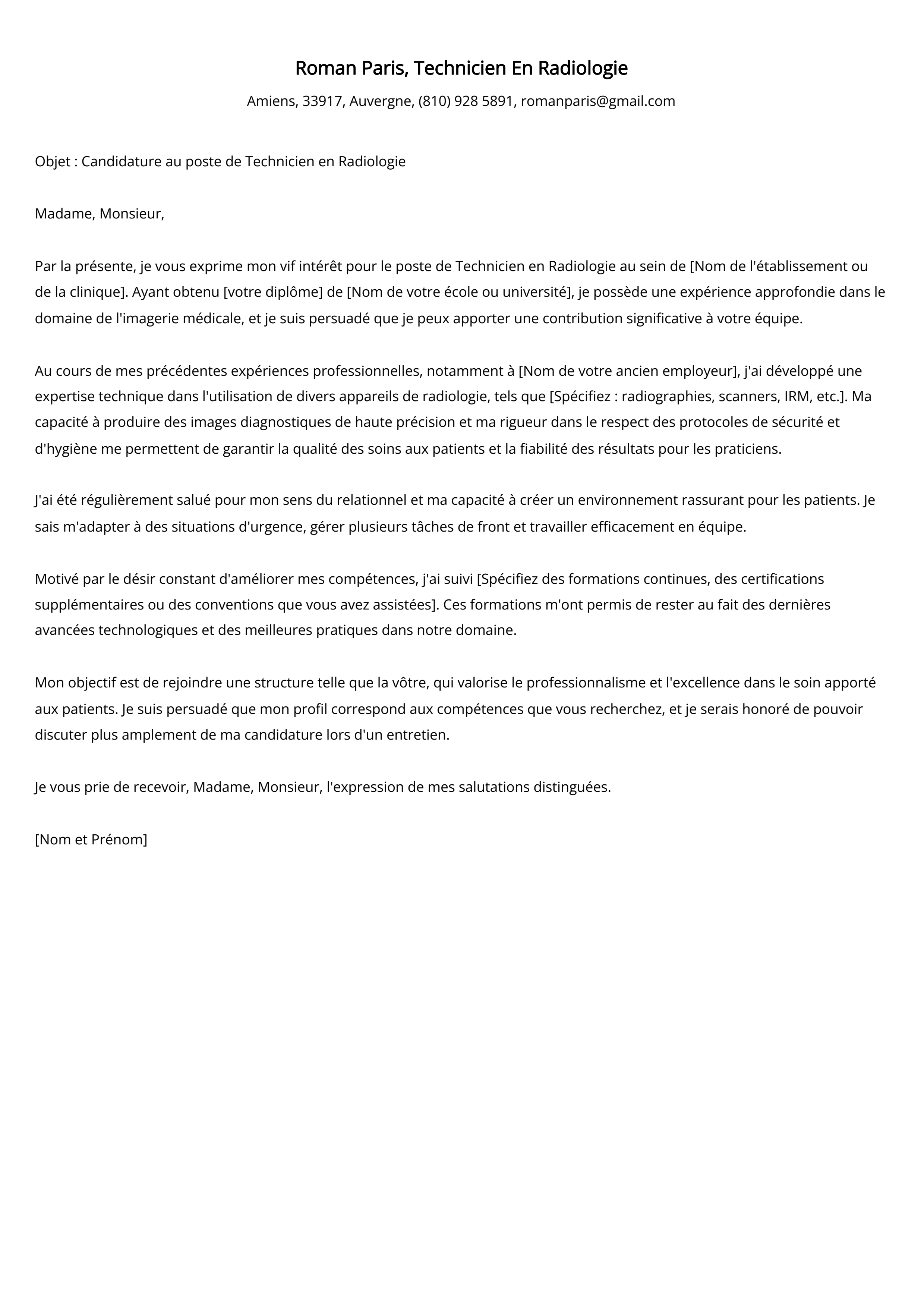 Technicien En Radiologie Cover Letter Example