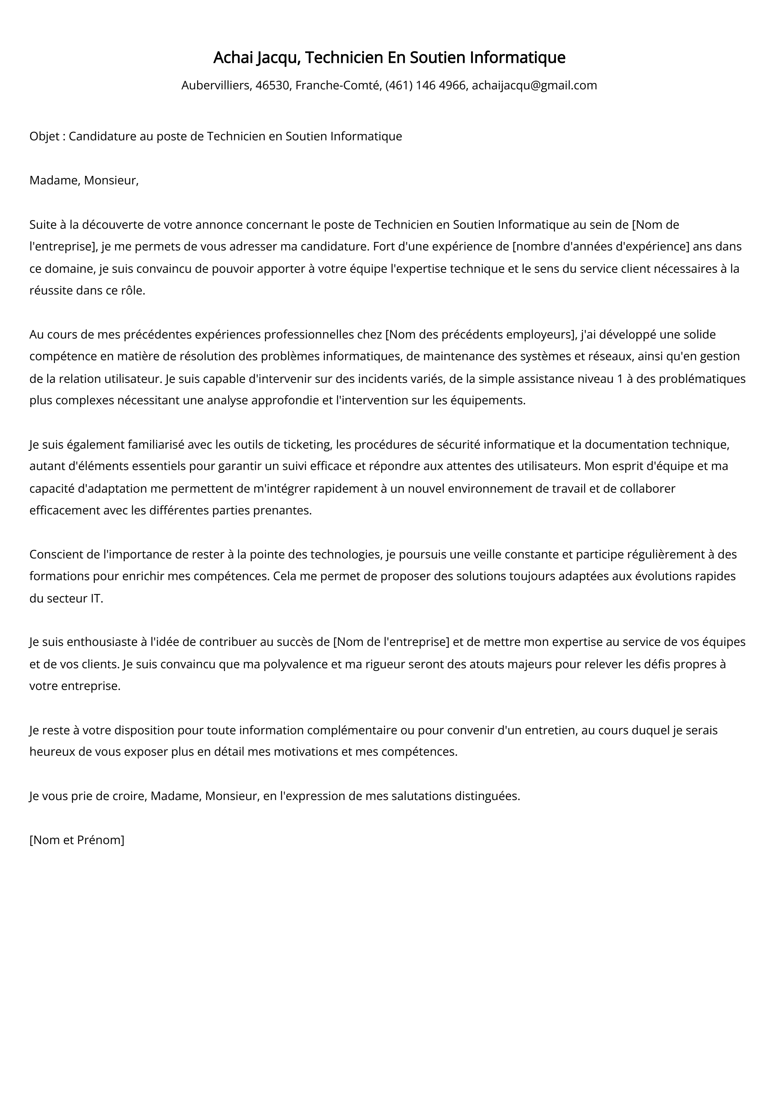 Technicien En Soutien Informatique Cover Letter Example