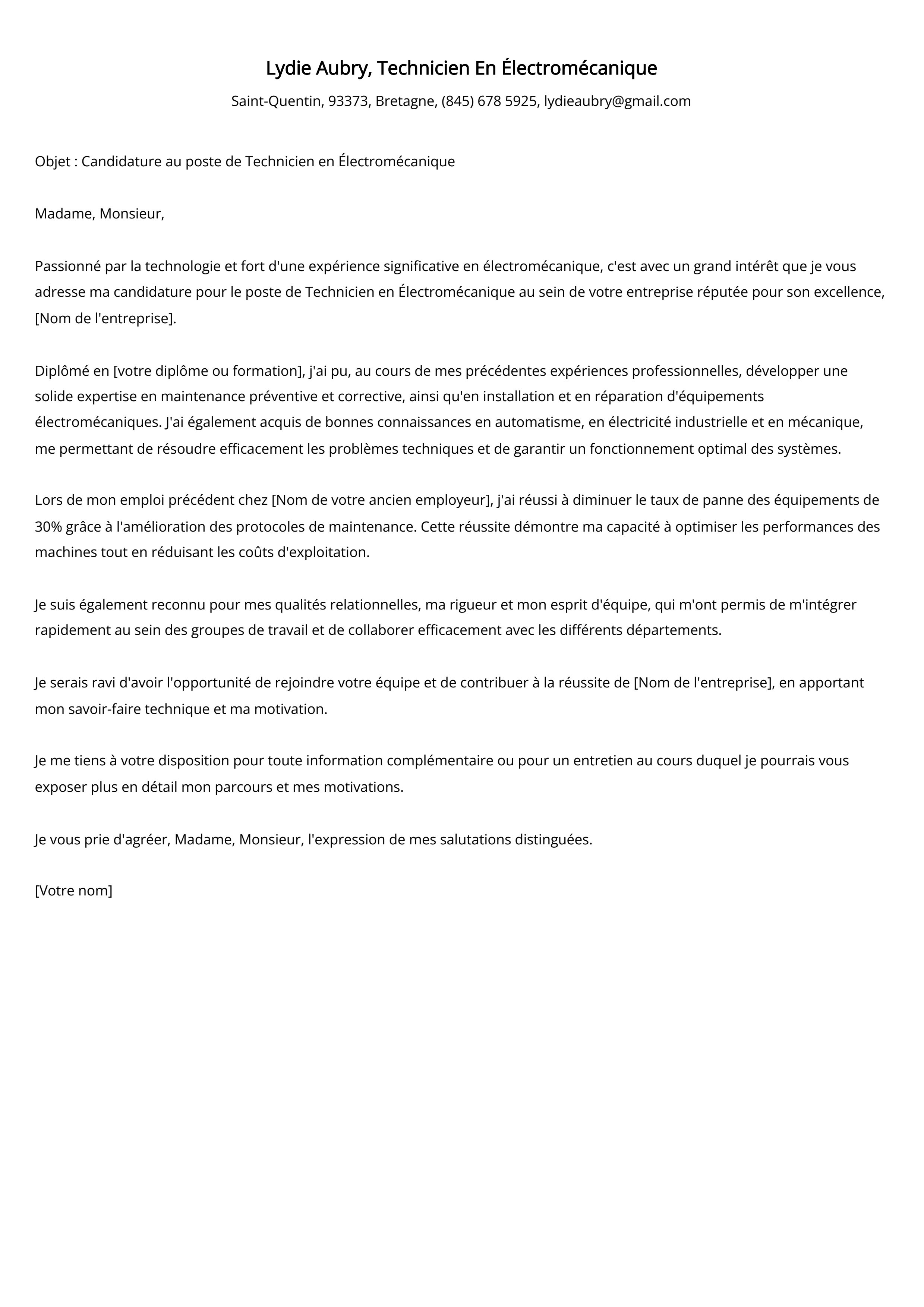 Technicien En lectrom canique Exemple De Lettre De Motivation Pour 2025