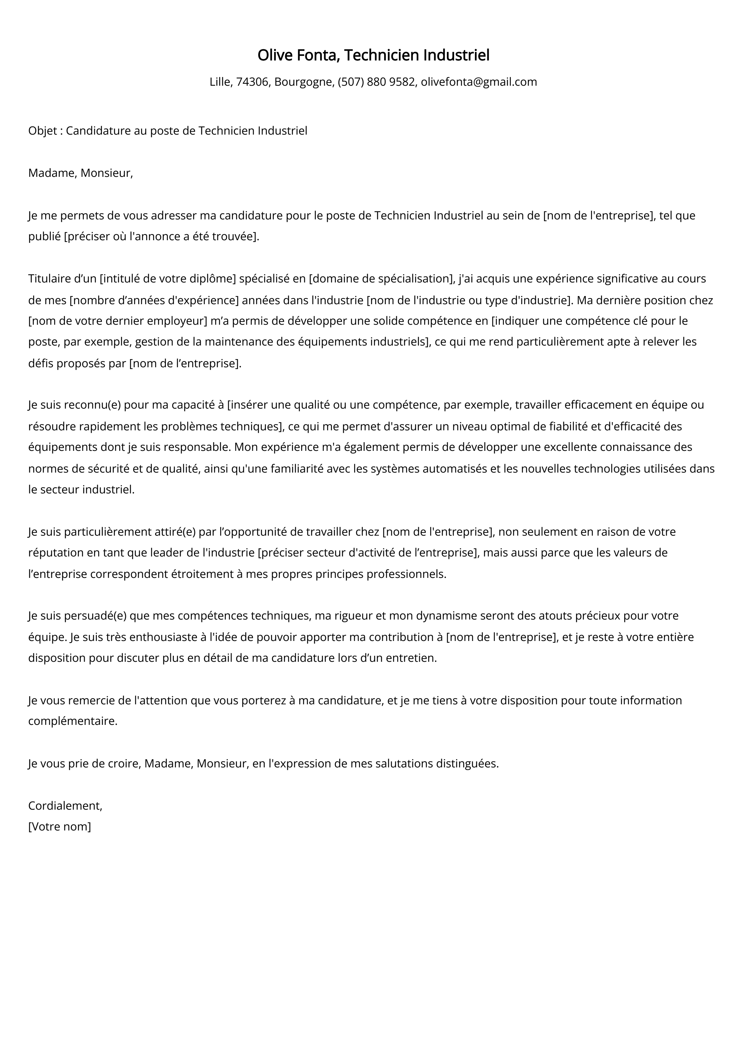 Exemple de lettre de motivation pour un technicien industriel