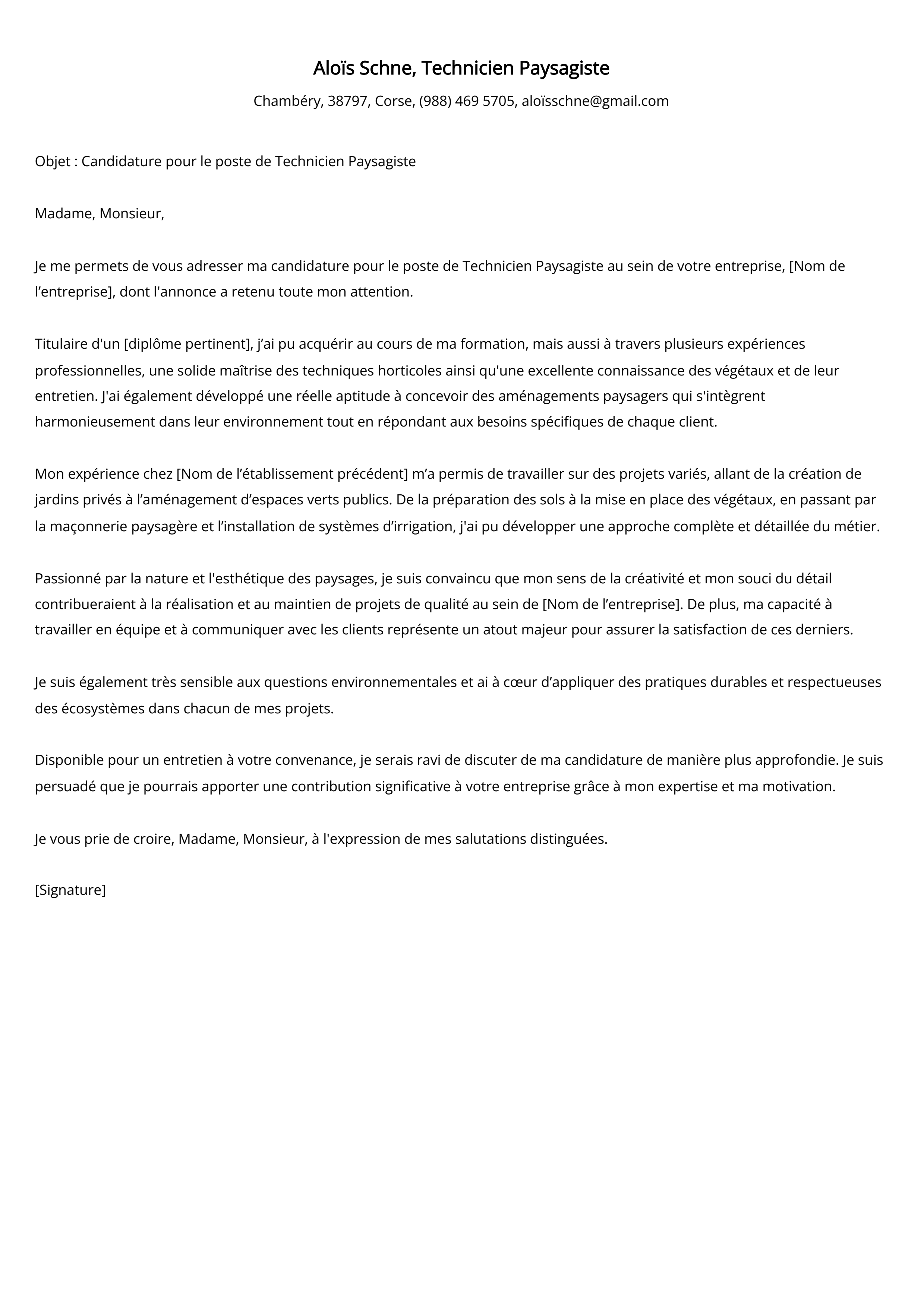 Exemple de lettre de motivation pour un technicien paysagiste