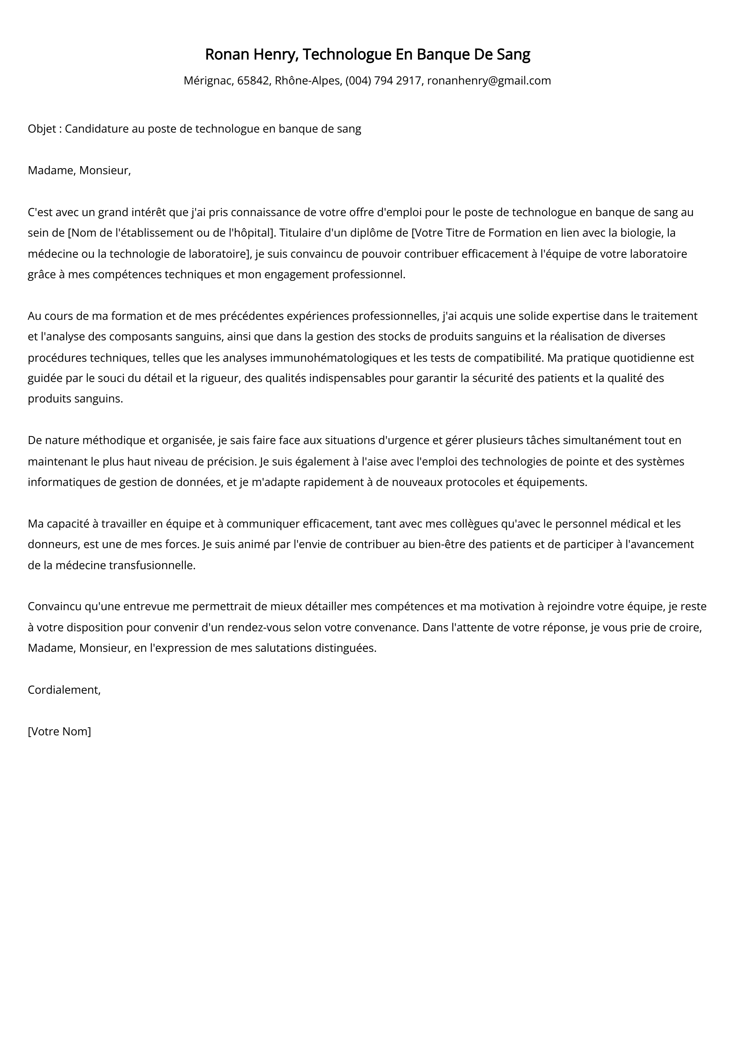 Technologue En Banque De Sang Cover Letter Example