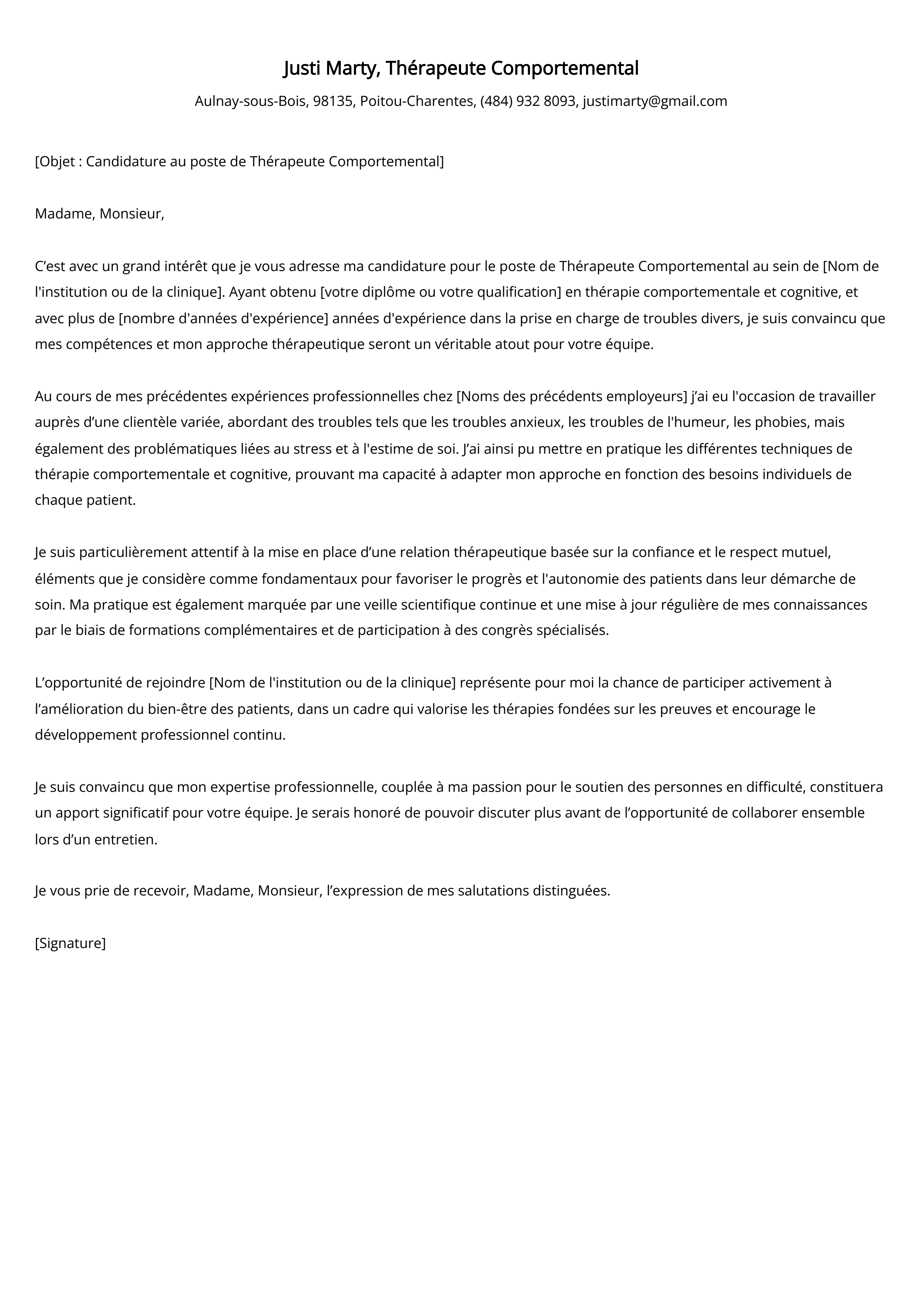 Thérapeute Comportemental Cover Letter Example