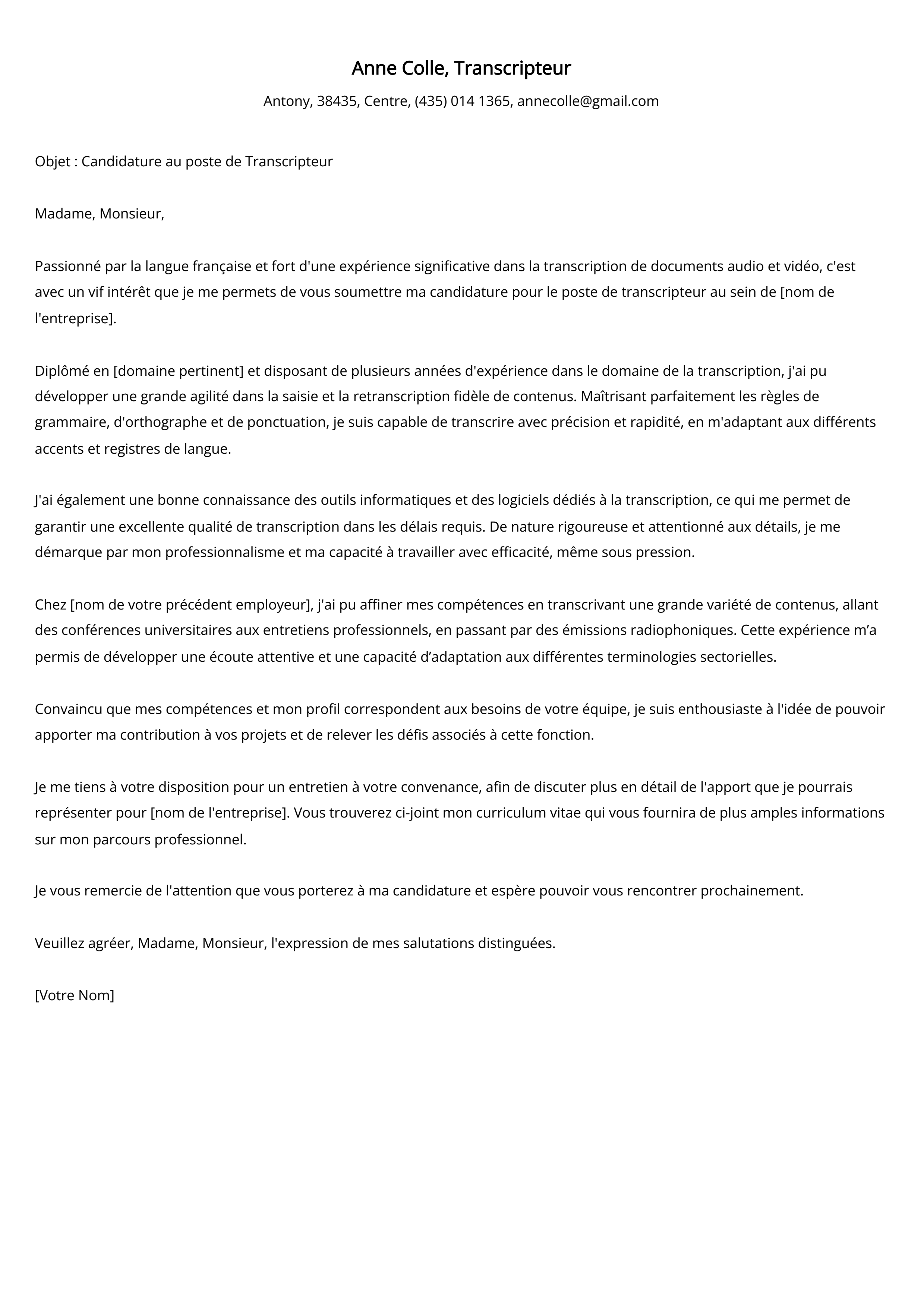 Exemple de lettre de motivation pour un transcripteur