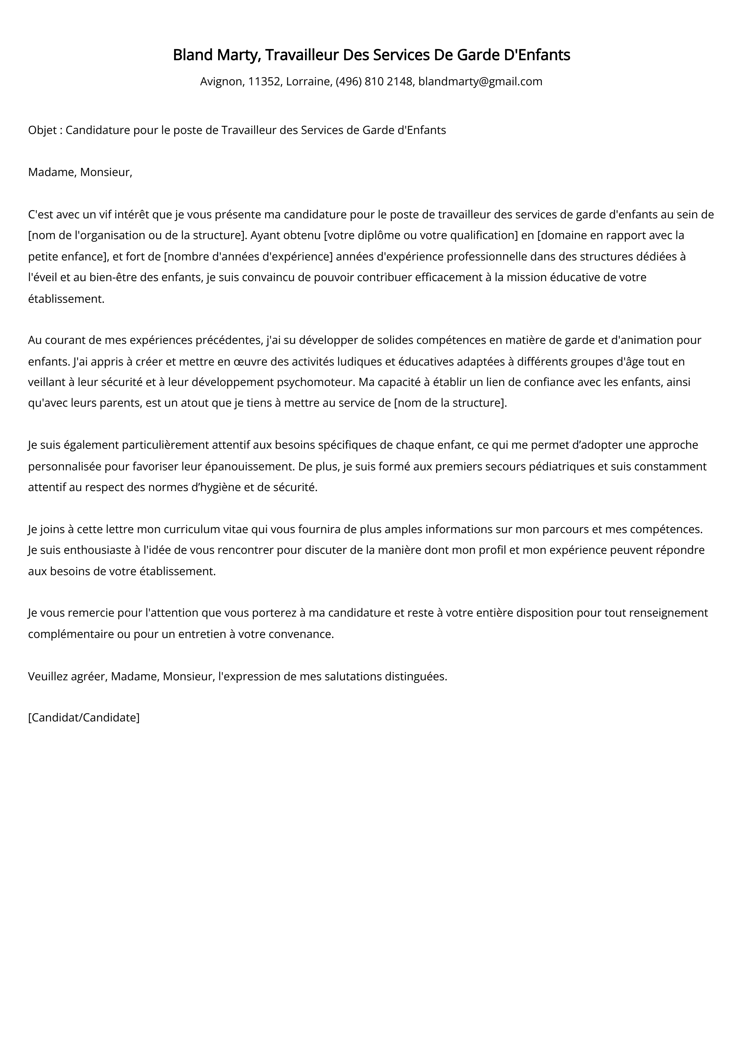 Exemple de lettre de motivation pour un travailleur des services de garde d'enfants