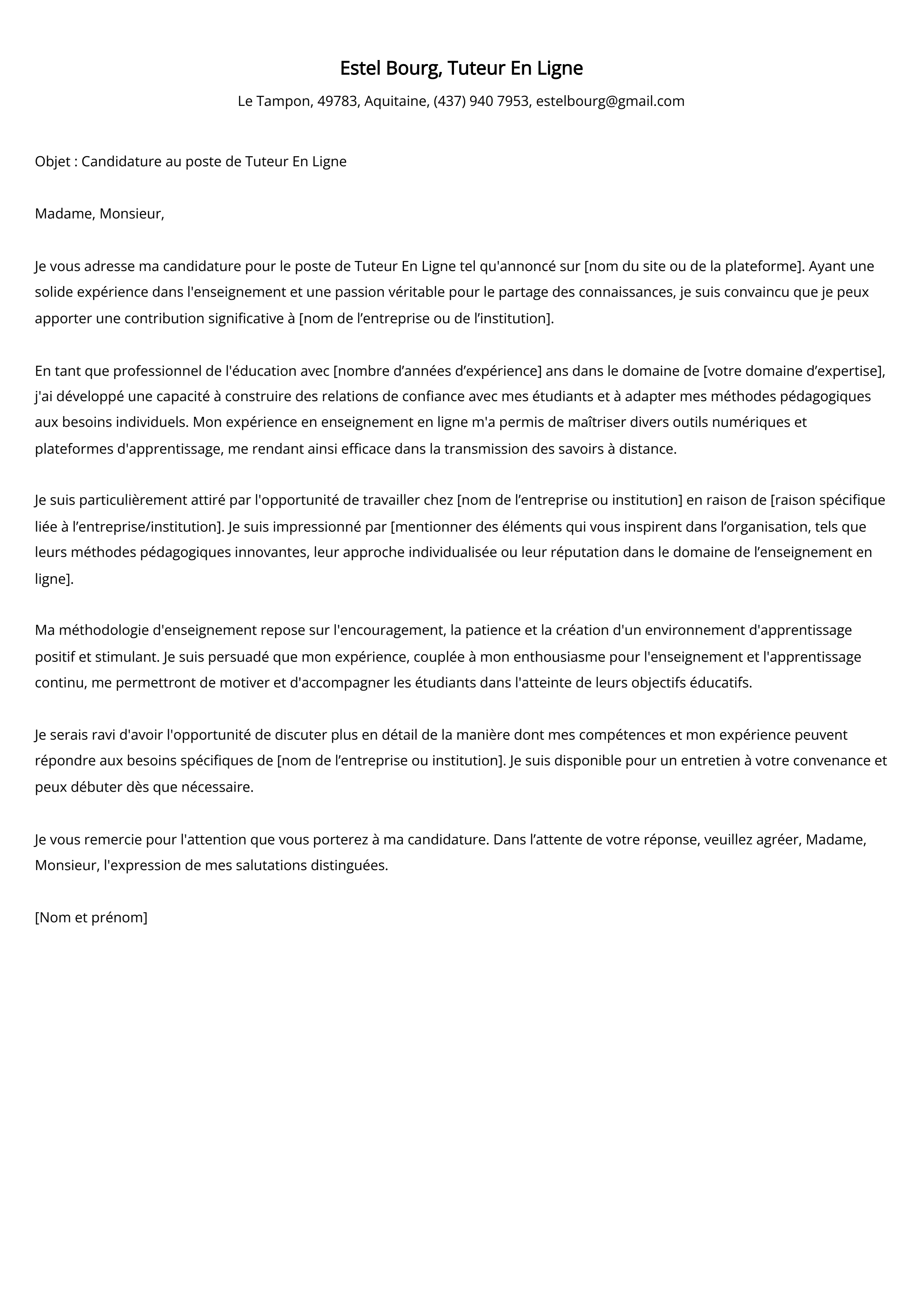 Tuteur En Ligne Cover Letter Example