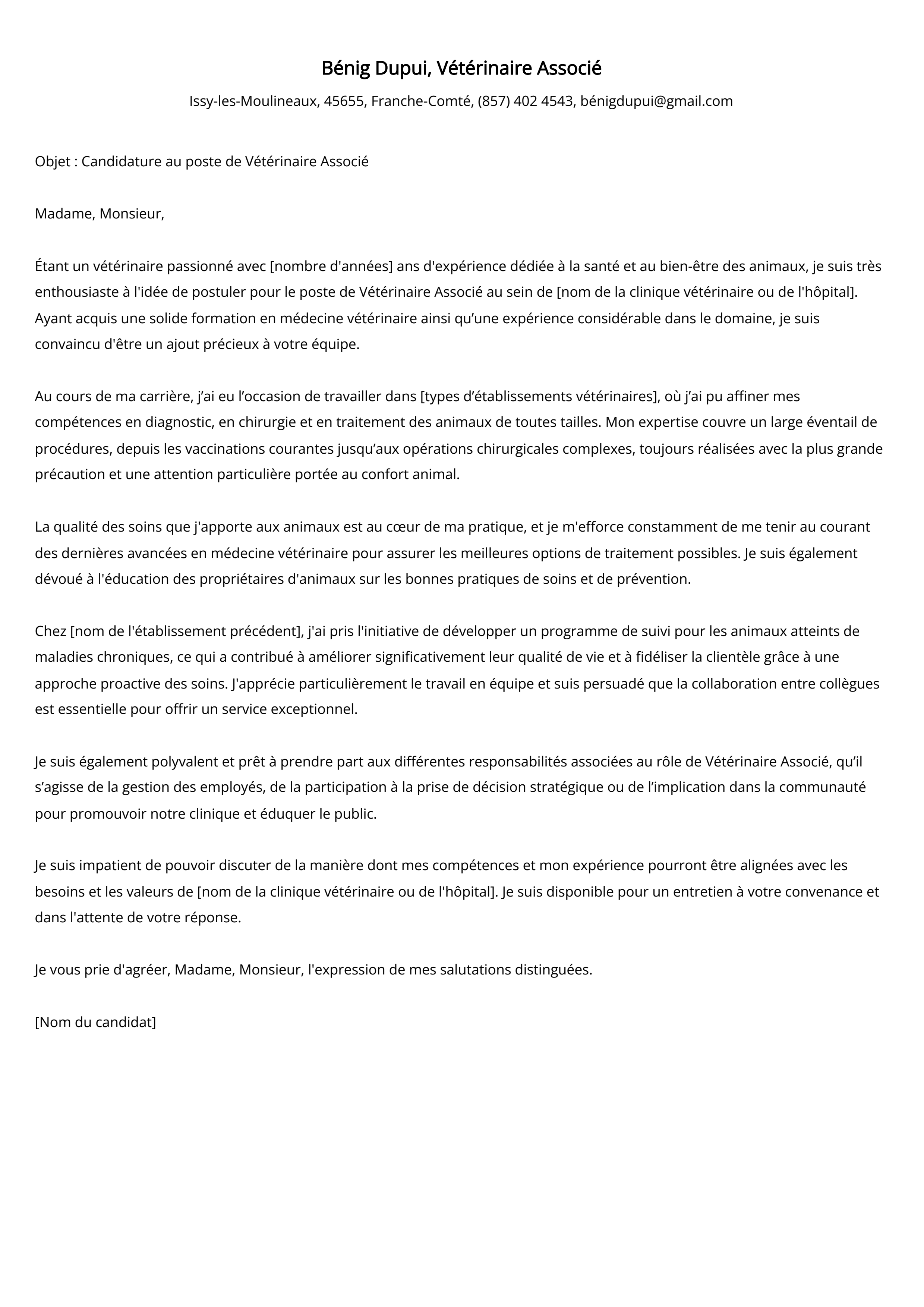 Vétérinaire Associé Exemple de lettre de motivation