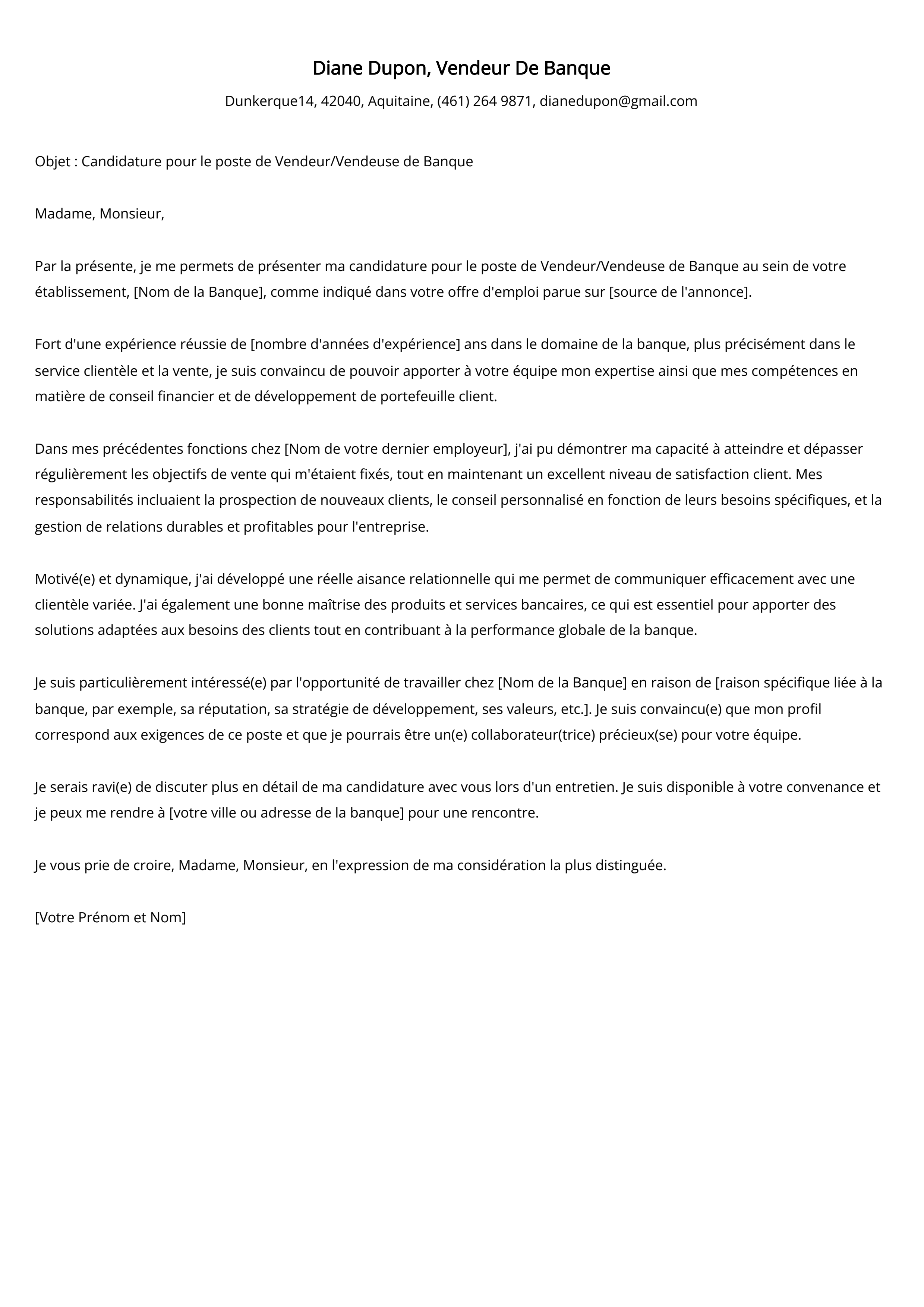 Vendeur De Banque Cover Letter Example