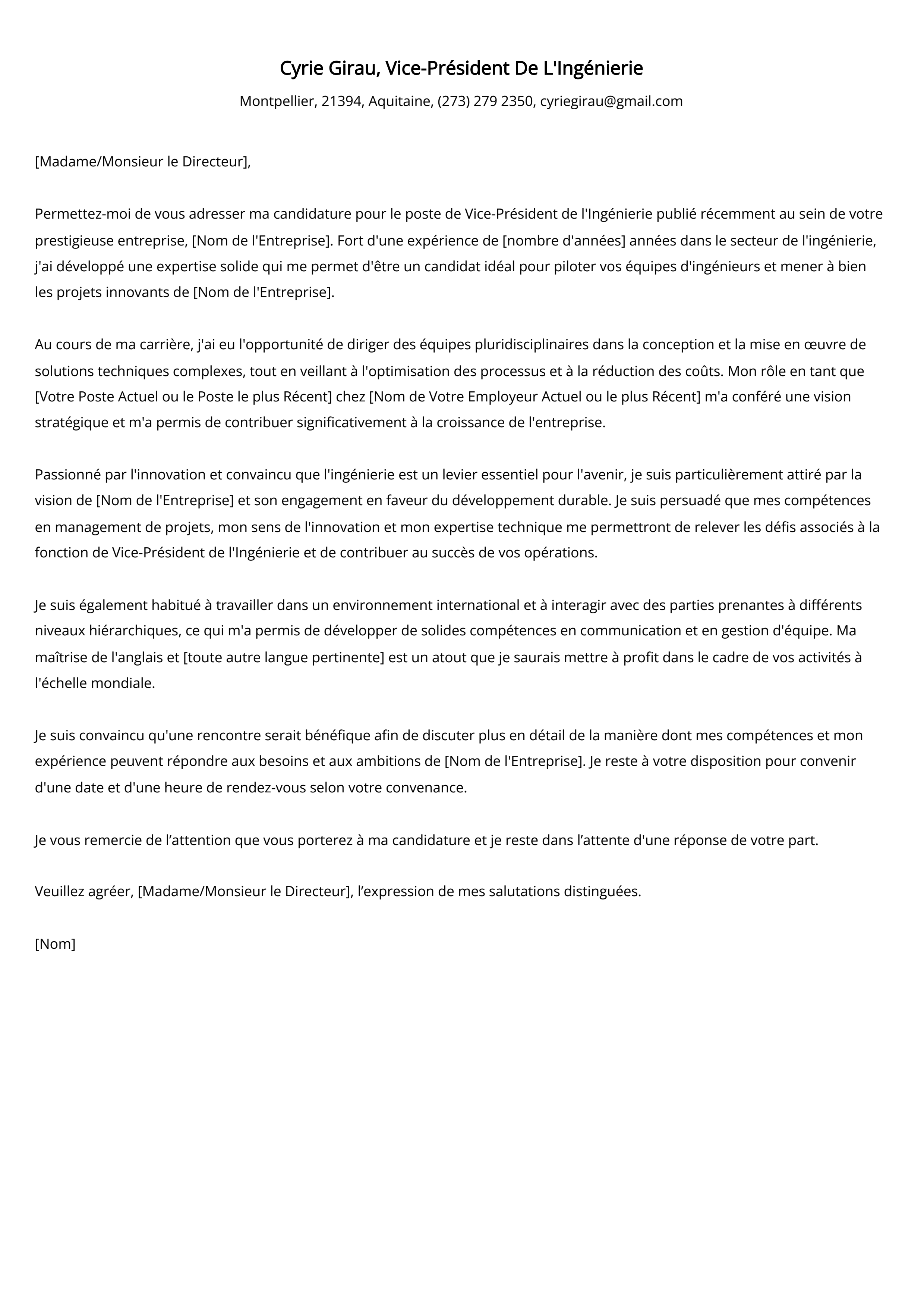 Exemple de lettre de motivation du vice-président de l'ingénierie