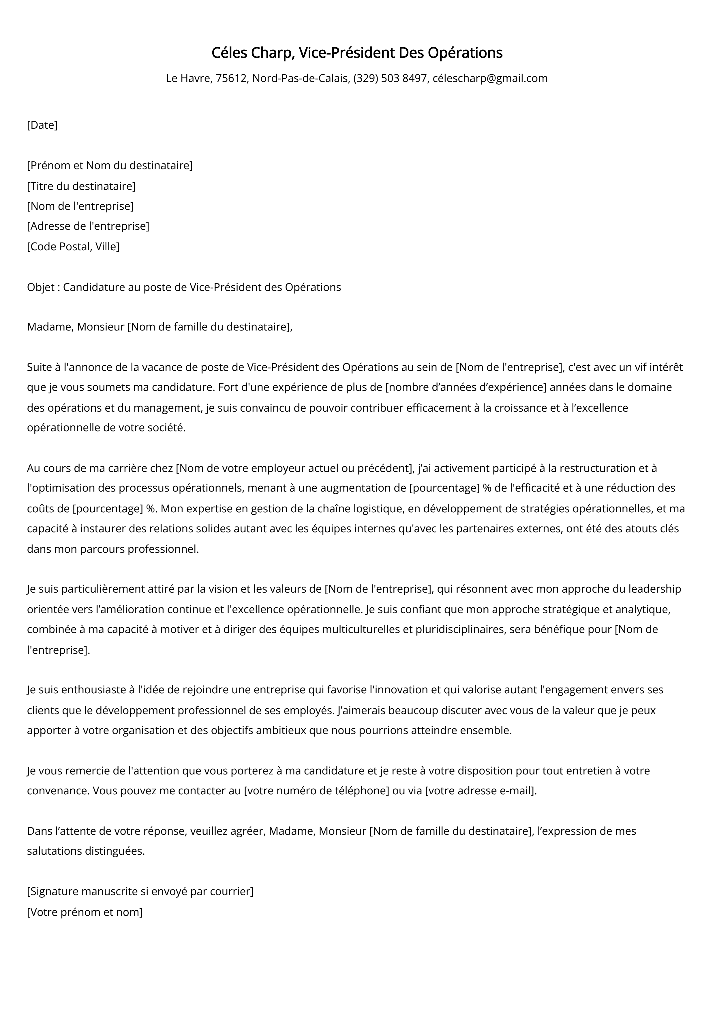 Lettre de couverture du vice-président des opérations