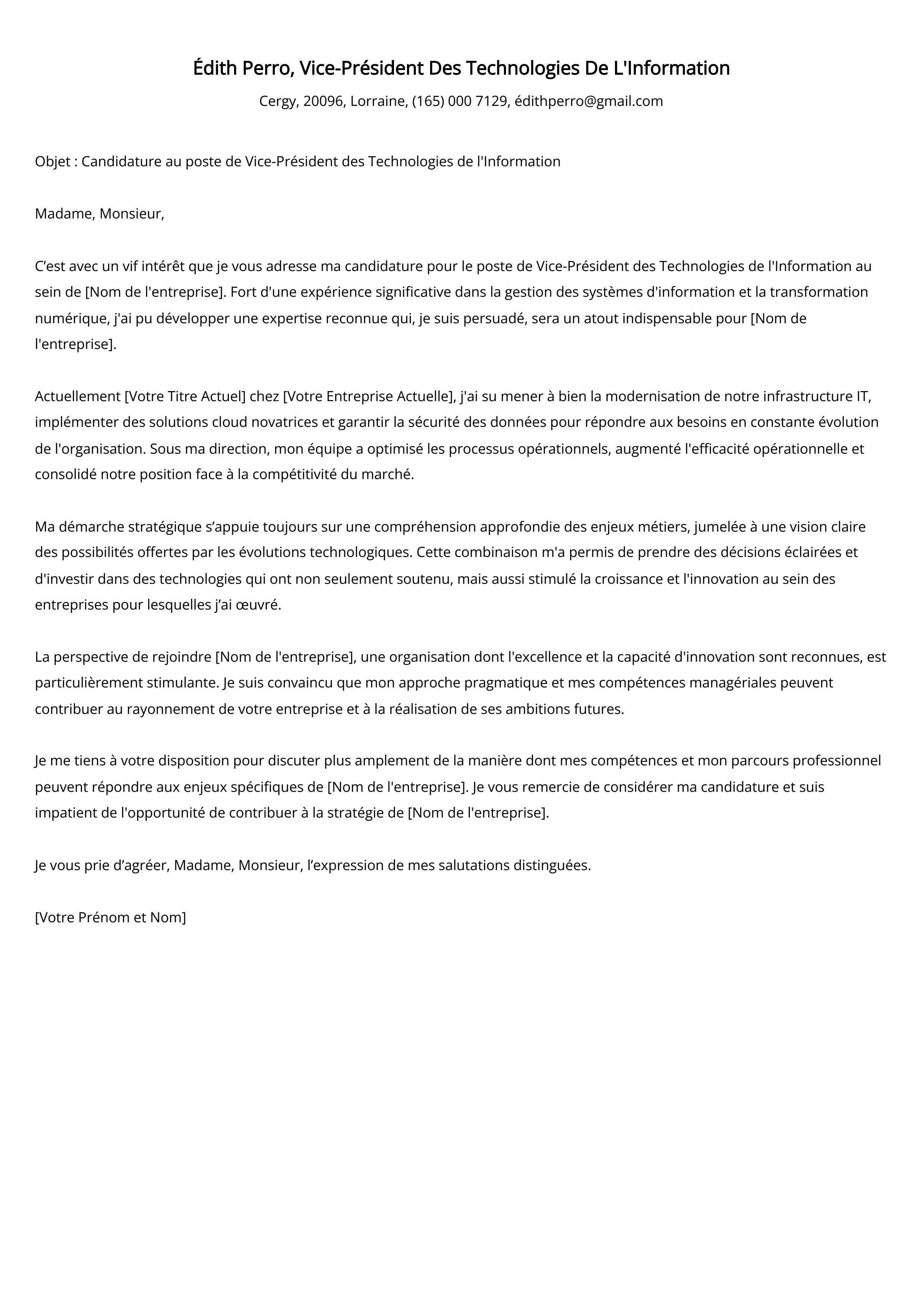 Exemple de lettre de couverture du vice-président des technologies de l'information
