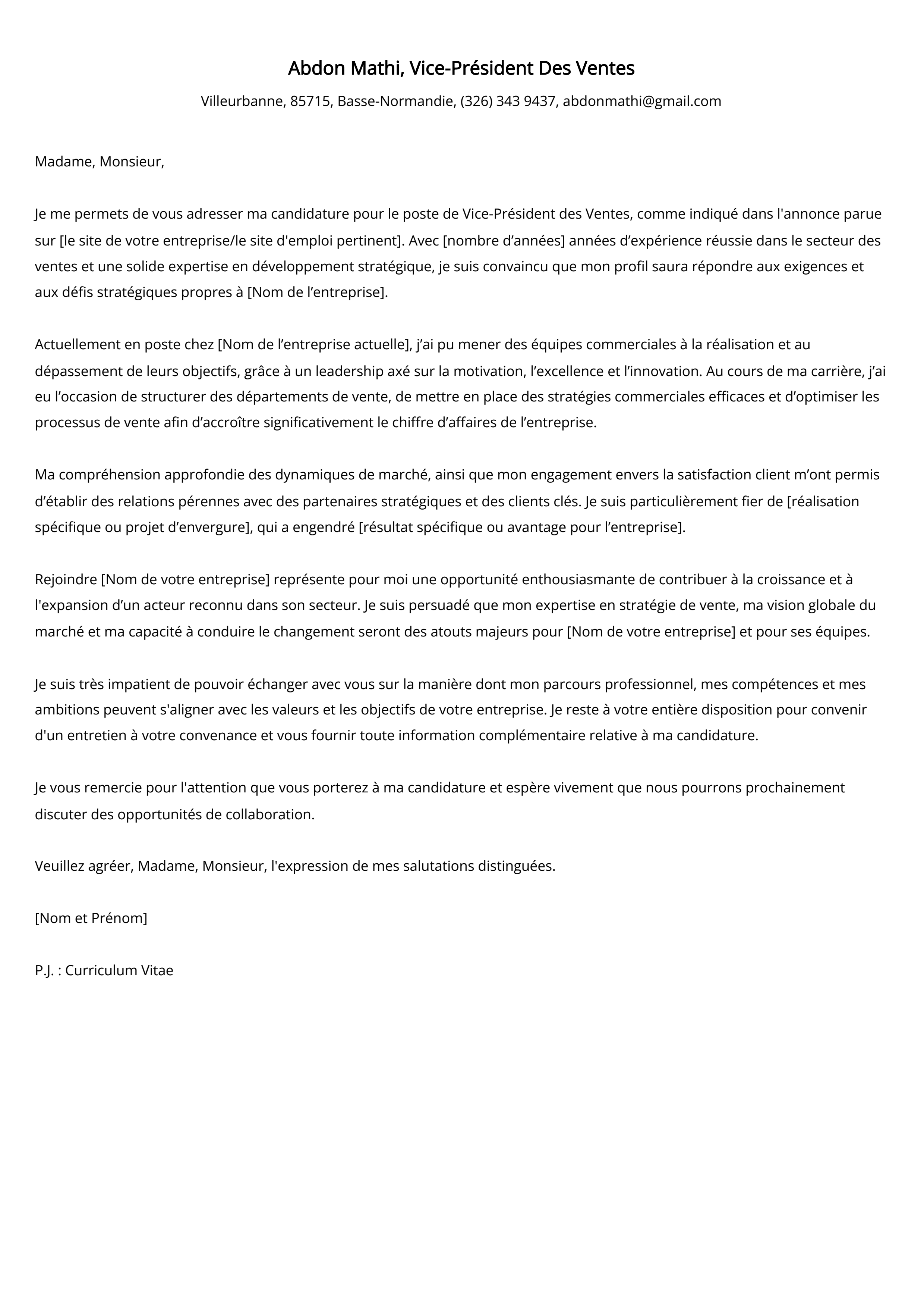 Lettre de motivation du vice-président des ventes