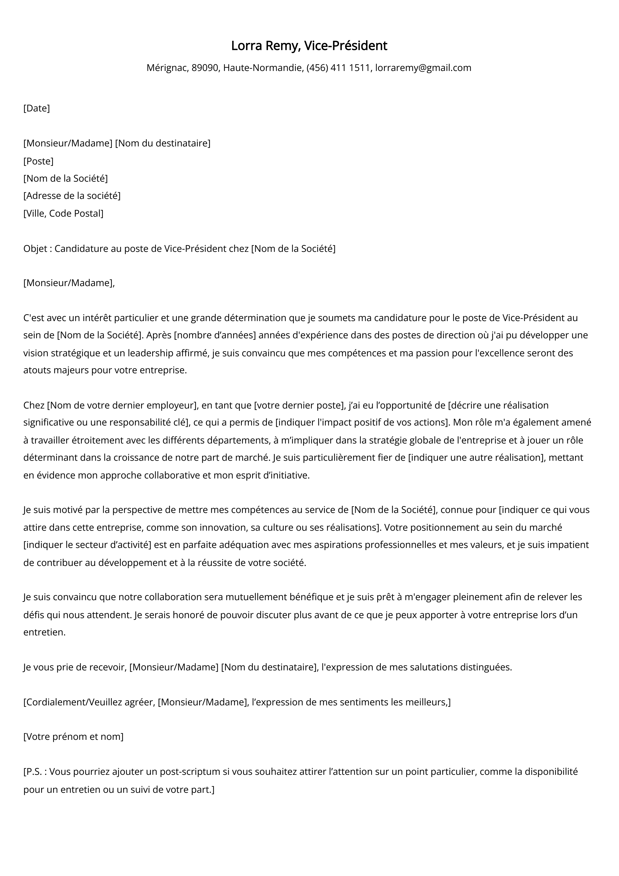 Exemple de lettre de motivation pour un vice-président