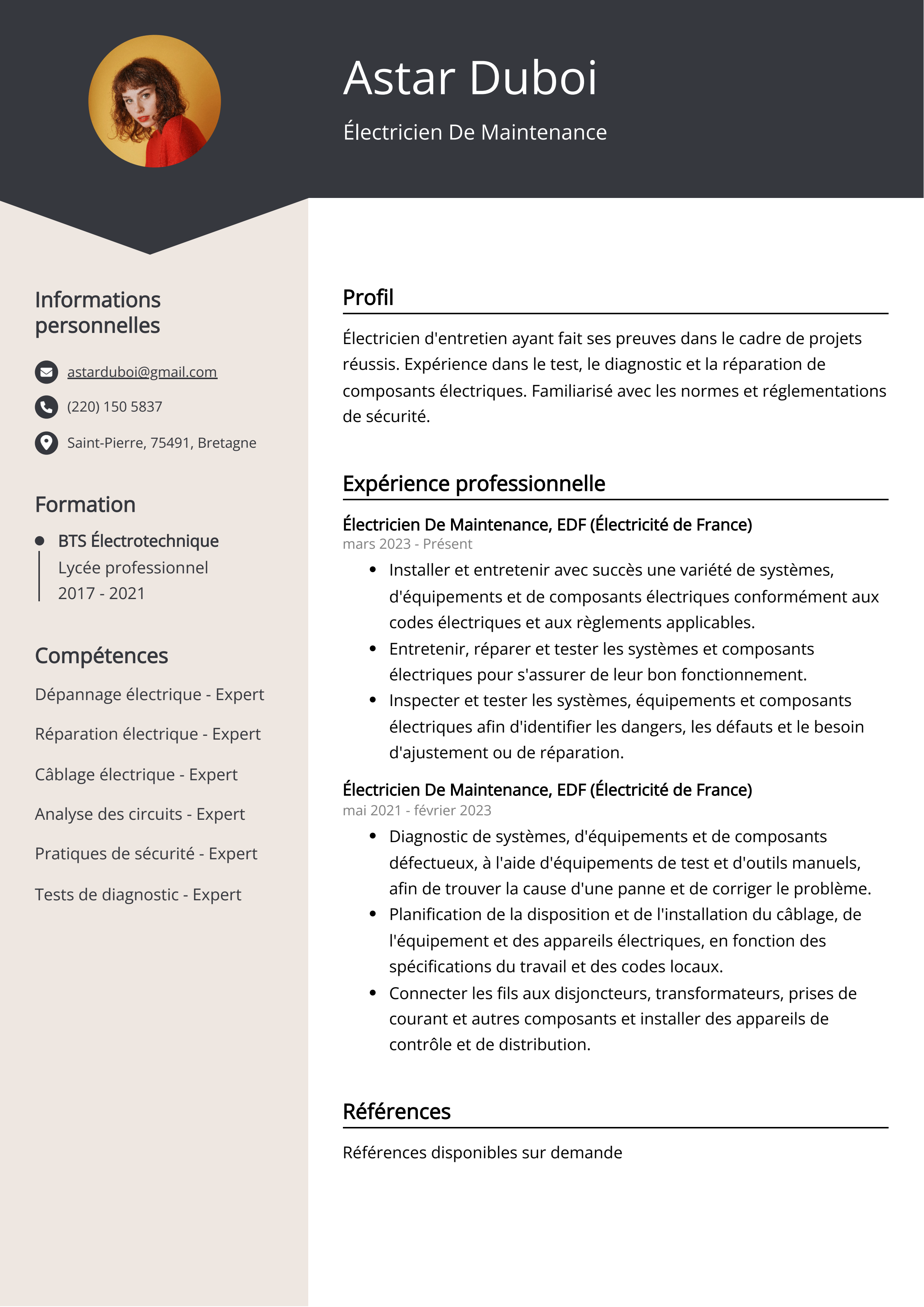 Exemple de curriculum vitae d'un électricien de maintenance